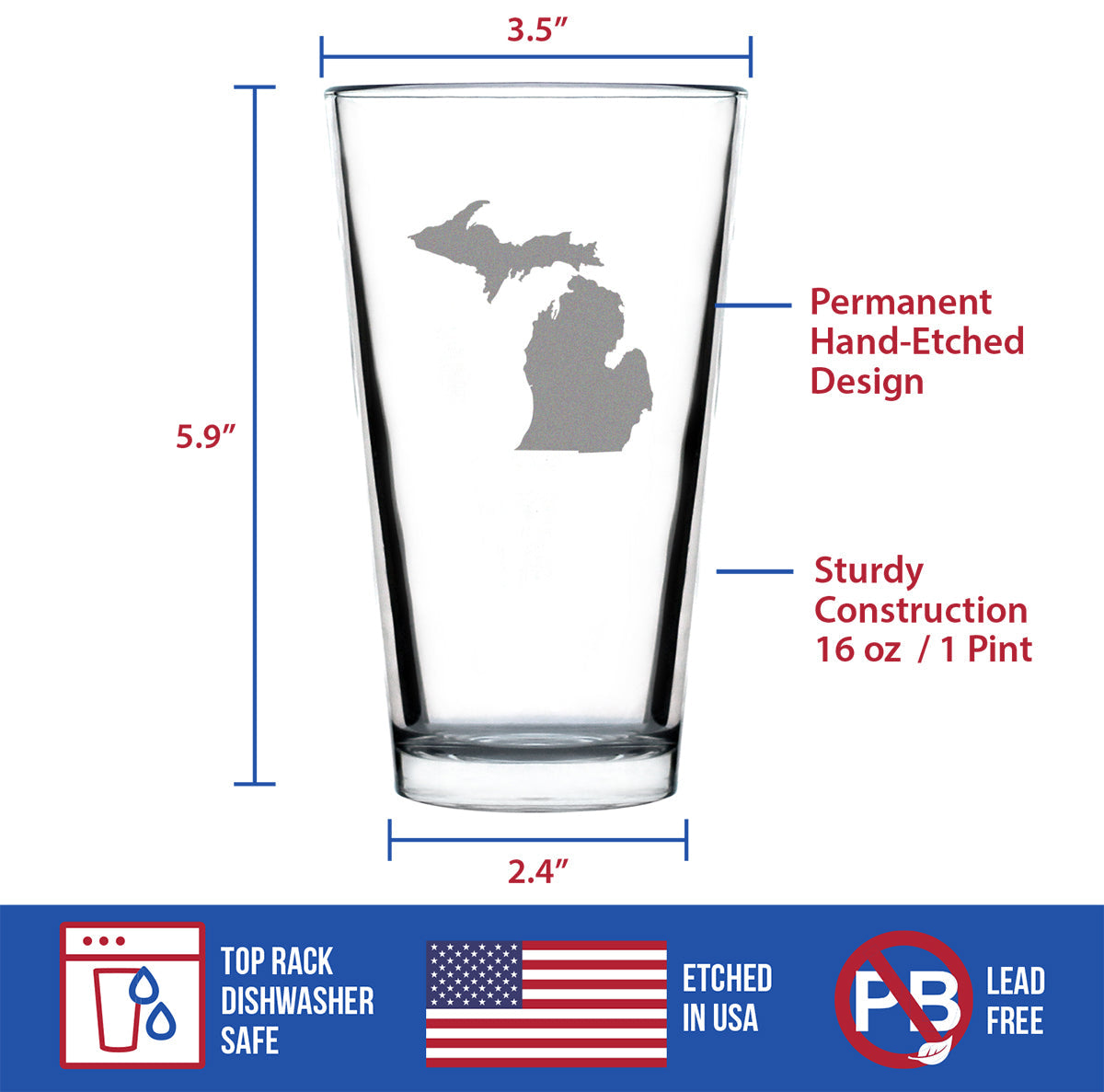 Michigan State Outline Pint Glass for Beer - State Themed Drinking Decor and Gifts for Michigander Women & Men - 16 Oz Glasses