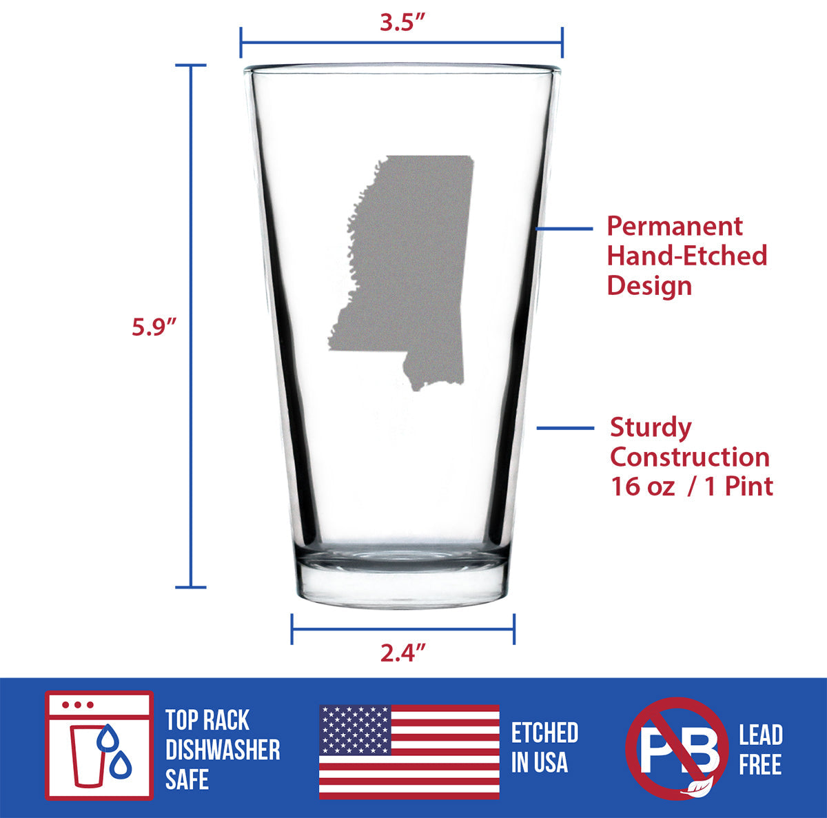 Mississippi State Outline Pint Glass for Beer - State Themed Drinking Decor and Gifts for Mississippian Women & Men - 16 Oz Glasses