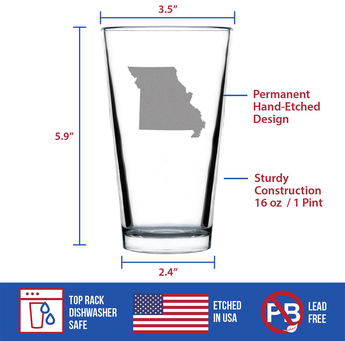 Missouri State Outline Pint Glass for Beer - State Themed Drinking Decor and Gifts for Missourian Women & Men - 16 Oz Glasses