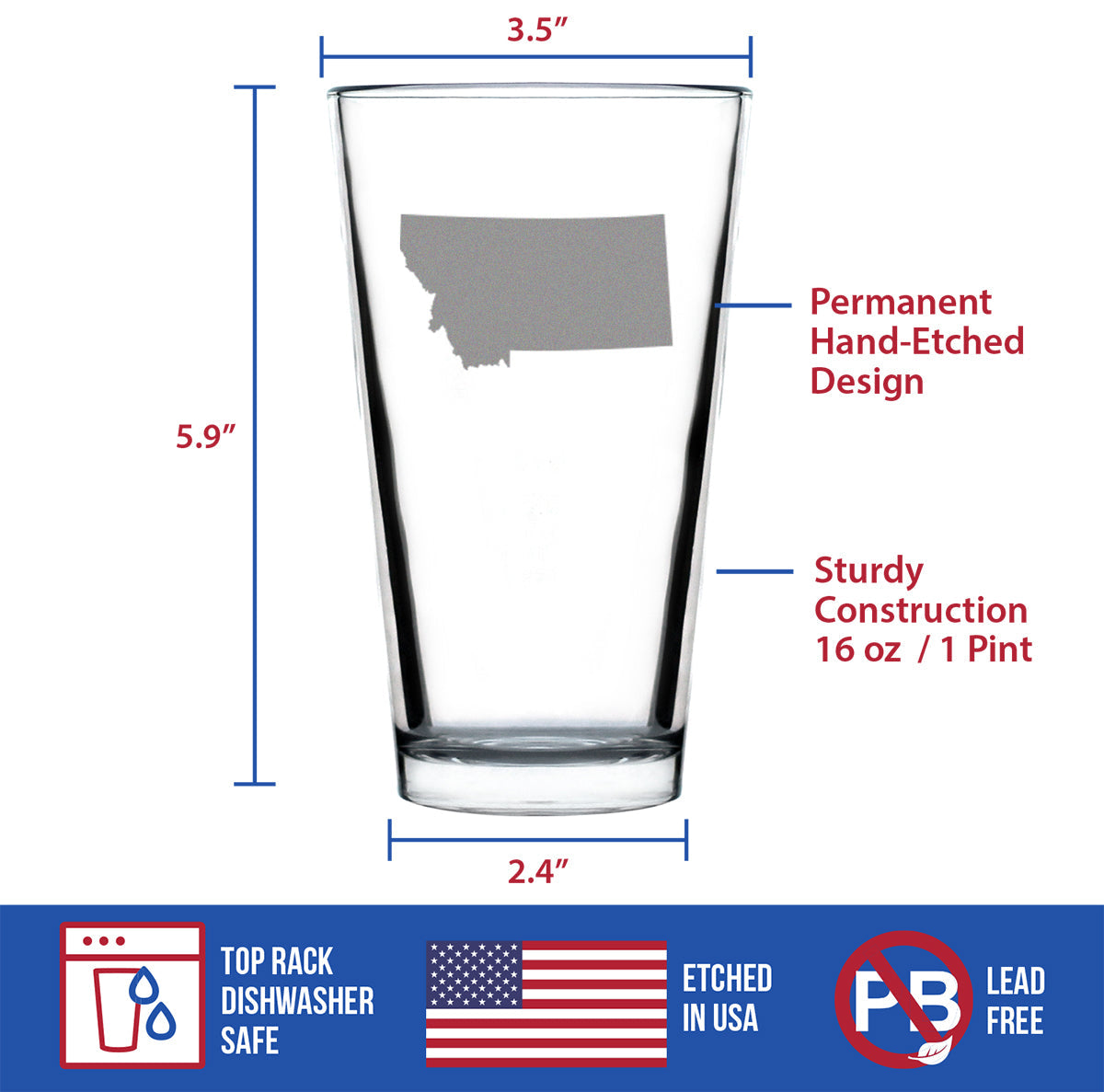 Montana State Outline Pint Glass for Beer - State Themed Drinking Decor and Gifts for Montanan Women & Men - 16 Oz Glasses