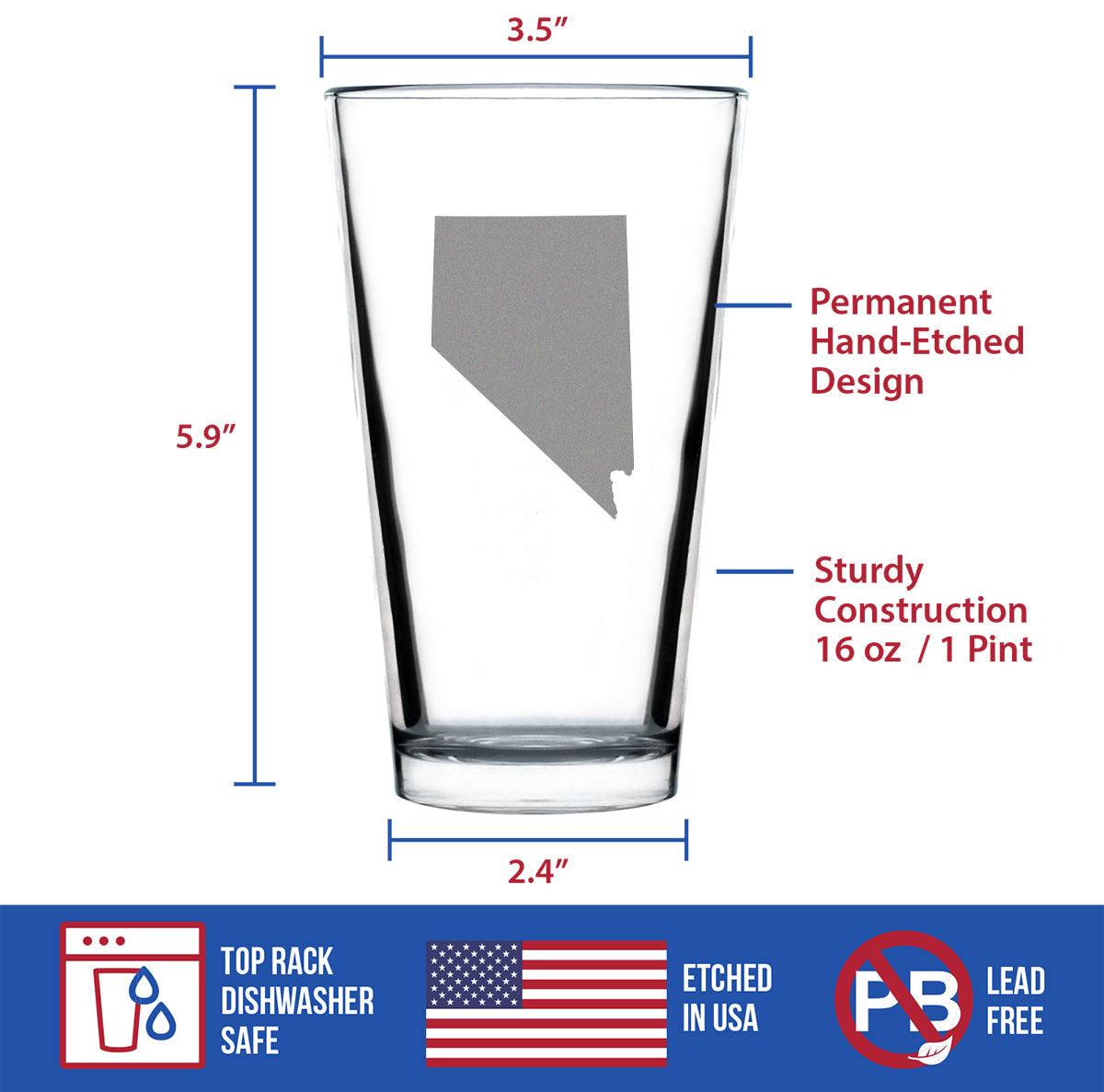 Nevada State Outline Pint Glass for Beer - State Themed Drinking Decor and Gifts for Nevadan Women & Men - 16 Oz Glasses