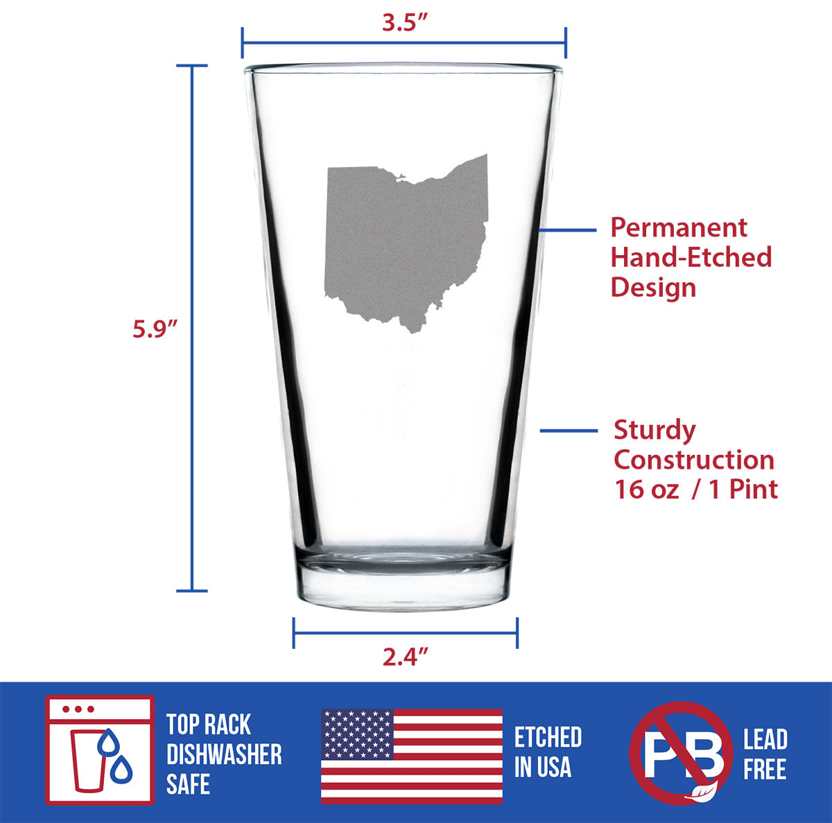 Ohio State Outline Pint Glass for Beer - State Themed Drinking Decor and Gifts for Ohioan Women & Men - 16 Oz Glasses