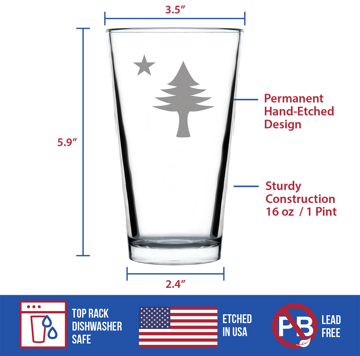 Old Maine Flag Pint Glass for Beer - Original 1901 State of Maine Flag Gifts for Women & Men Mainers - 16 Oz Pint Glasses