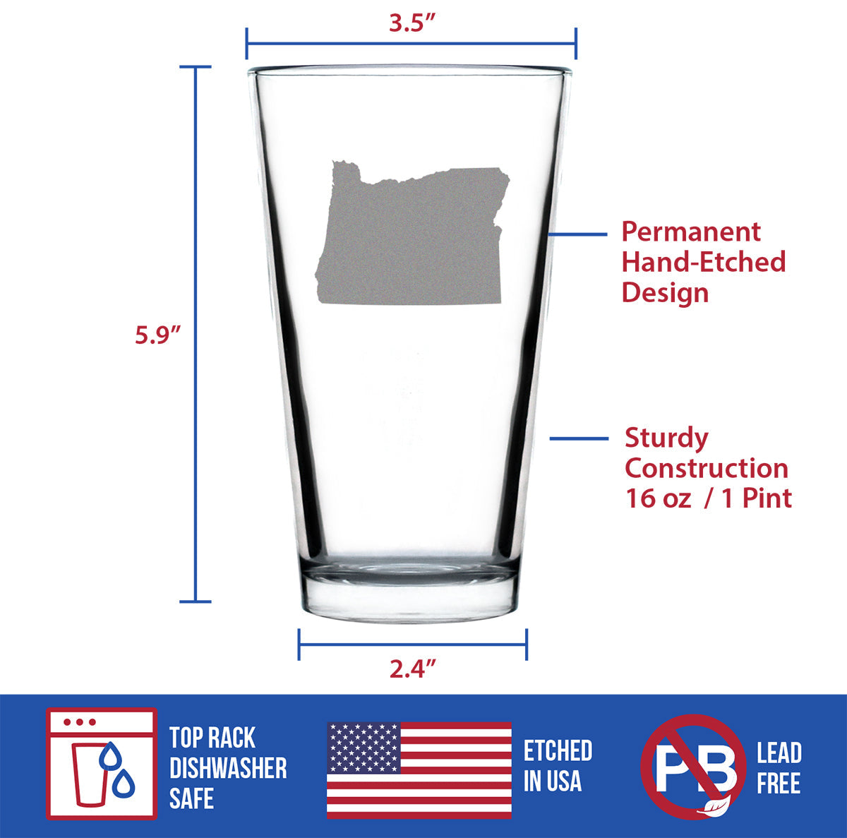 Oregon State Outline Pint Glass for Beer - State Themed Drinking Decor and Gifts for Oregonian Women & Men - 16 Oz Glasses