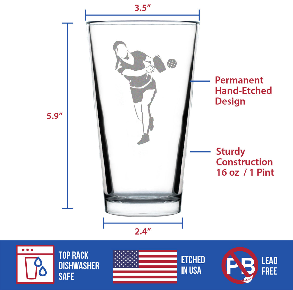 Pickleball Player Female - Funny Pickleball Themed Decor and Gifts - 16 Ounce Pint Glass