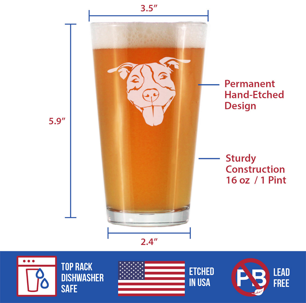 Happy Pitbull - Pint Glass for Beer - Fun Unique Pitbull Themed Dog Gifts and Party Decor for Women and Men - 16 oz