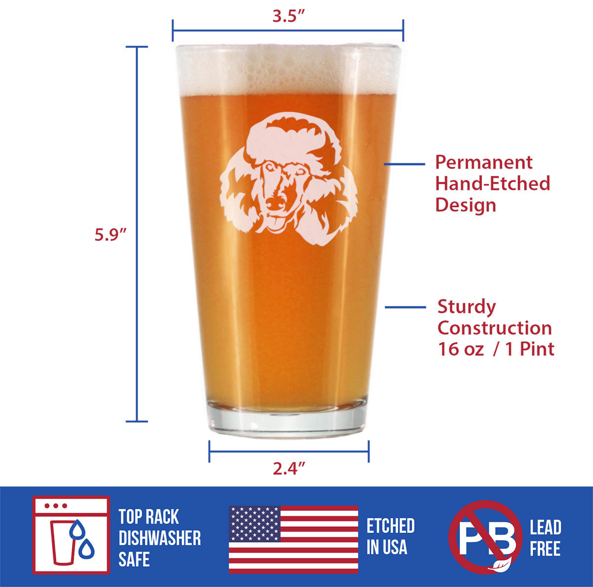 Happy Poodle - Pint Glass for Beer - Fun Unique Cute Poodle Themed Dog Gifts and Party Decor for Women and Men - 16 oz
