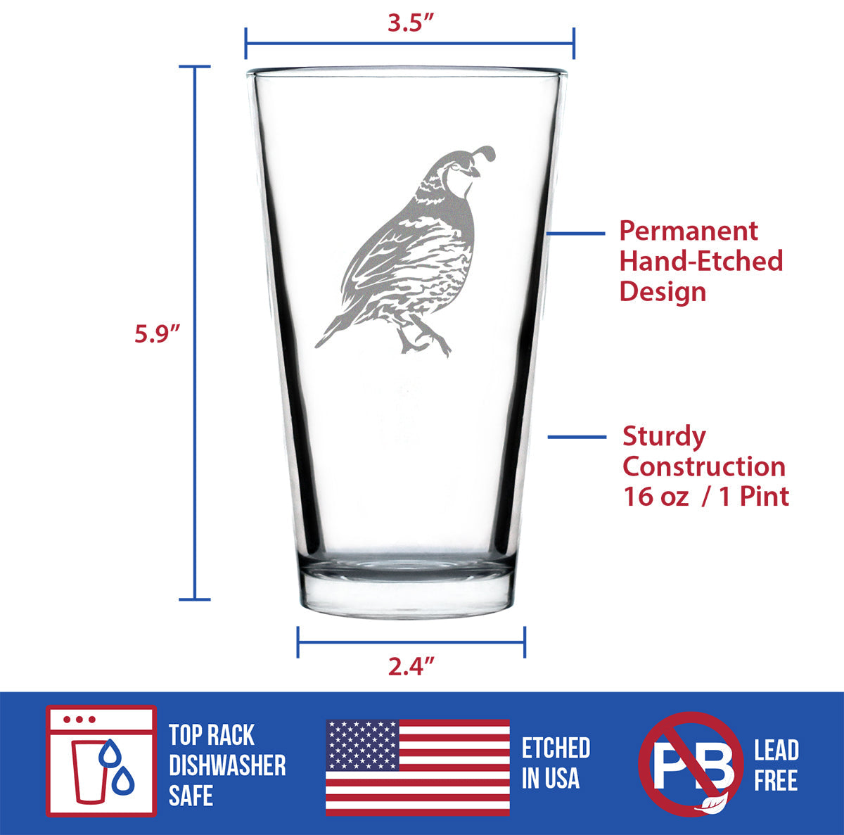 Quail Pint Glass for Beer - Fun Bird Themed Gifts and Decor for Men & Women - 16 oz Glasses