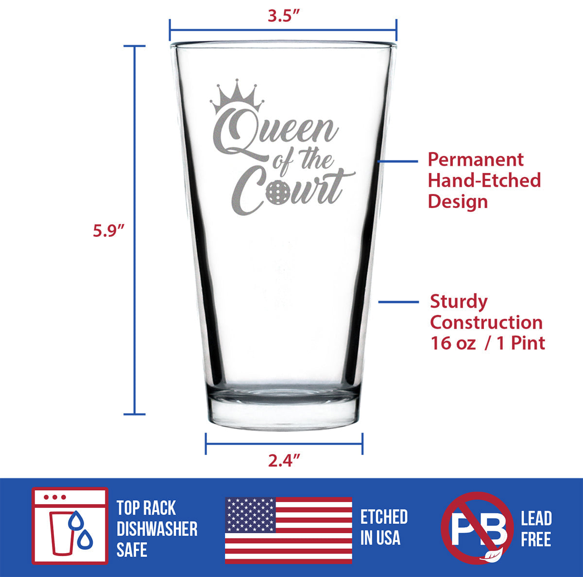 Queen of the Court - Funny Pickleball Themed Decor and Gifts - 16 Ounce Pint Glass