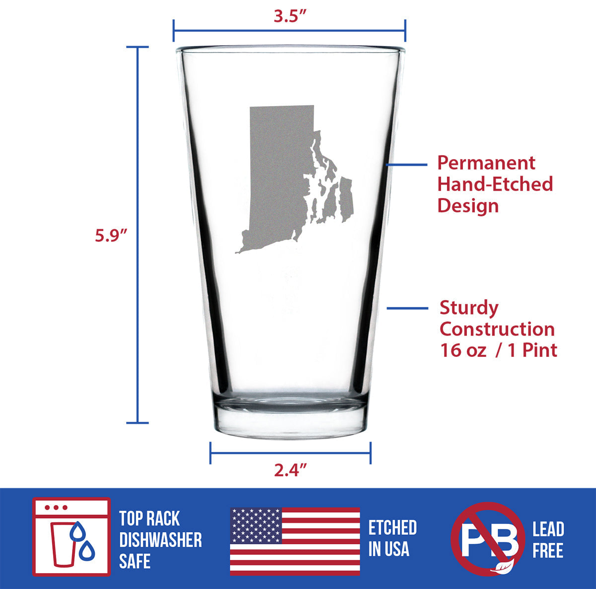 Rhode Island State Outline Pint Glass for Beer - State Themed Drinking Decor and Gifts for Rhode Islander Women & Men - 16 Oz Glasses