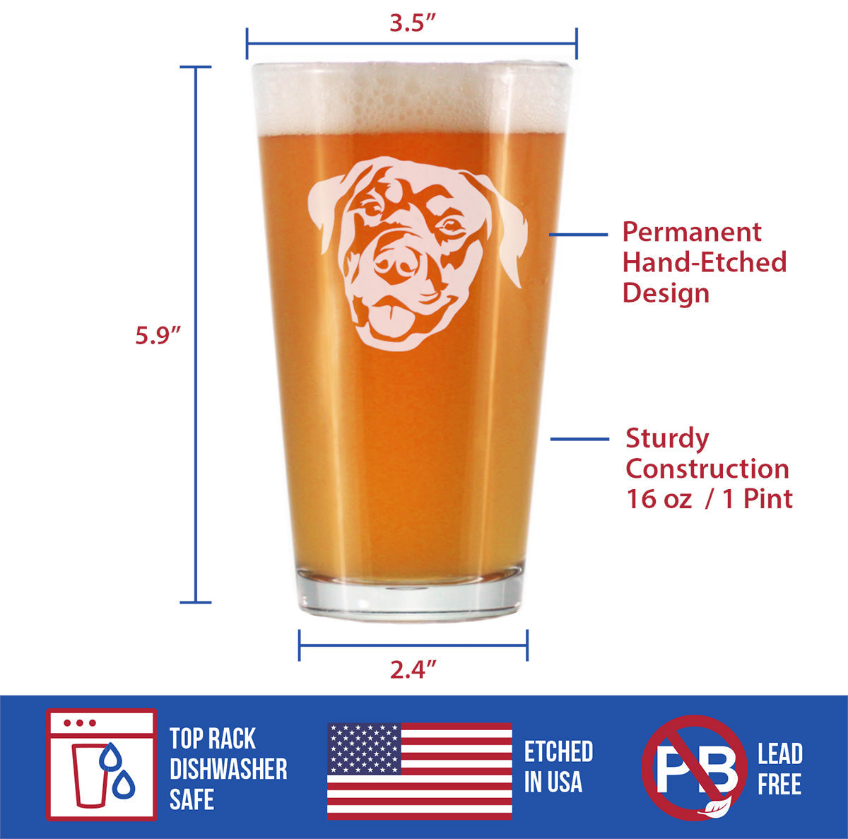 Happy Rottweiler - Pint Glass for Beer - Fun Unique Rottweiler Themed Dog Gifts and Party Decor for Women and Men - 16 oz