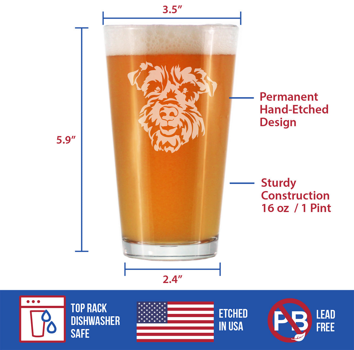 Schnauzer Face Pint Glass for Beer - Unique Dog Themed Decor and Gifts for Moms & Dads of Schnauzers - 16 Oz