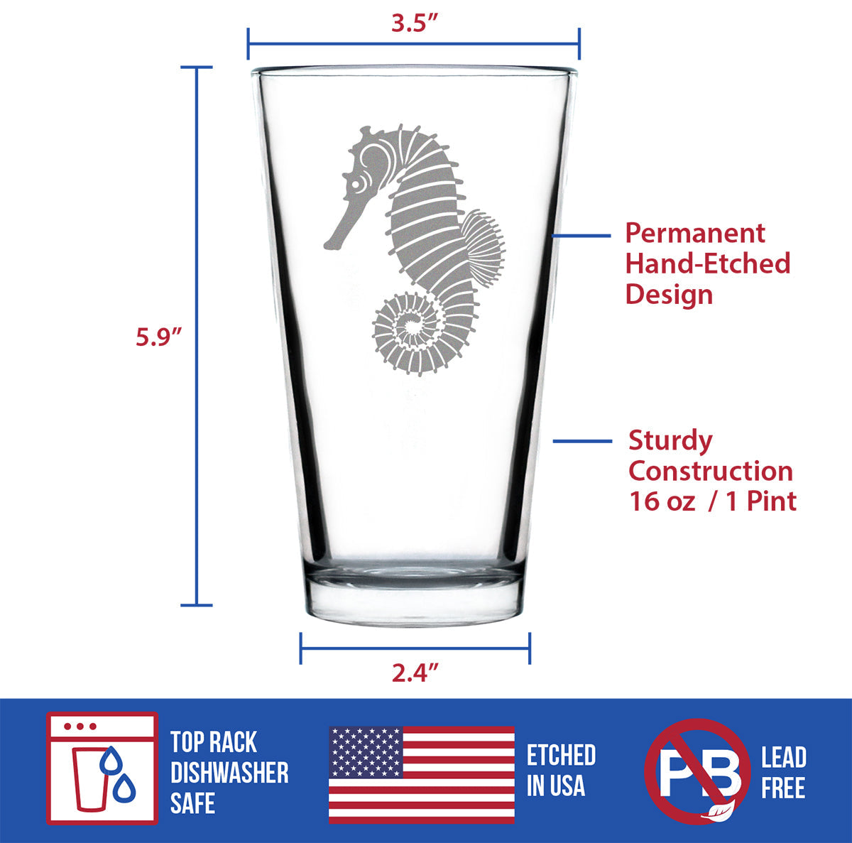 Seahorse Pint Glass for Beer - Unique Beachy Summer Gifts and Beach House Decor - 16 Oz Glasses