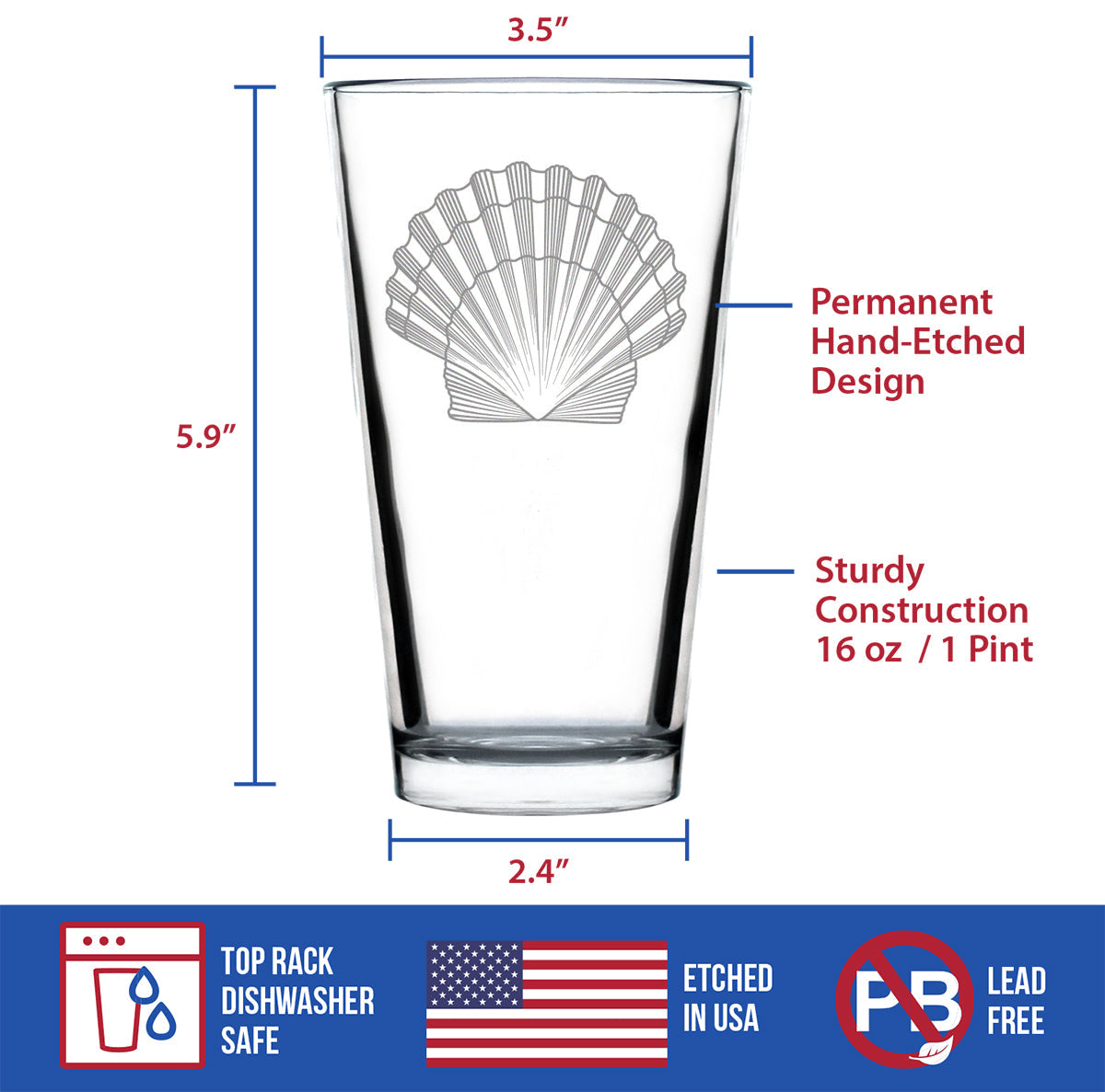 Seashell Engraved 16 Oz Pint Glass, Unique Decorative Gift for Beach House, Nautical Decor Birthday Gifts with Seashells