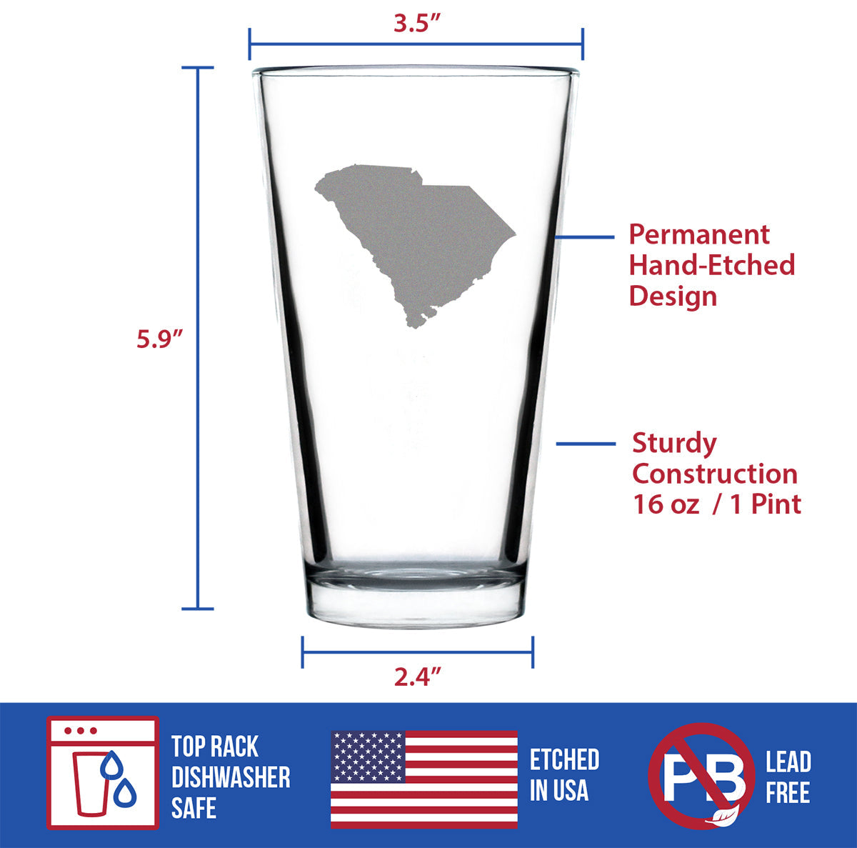 South Carolina State Outline Pint Glass for Beer - State Themed Drinking Decor and Gifts for South Carolinian Women & Men - 16 Oz Glasses