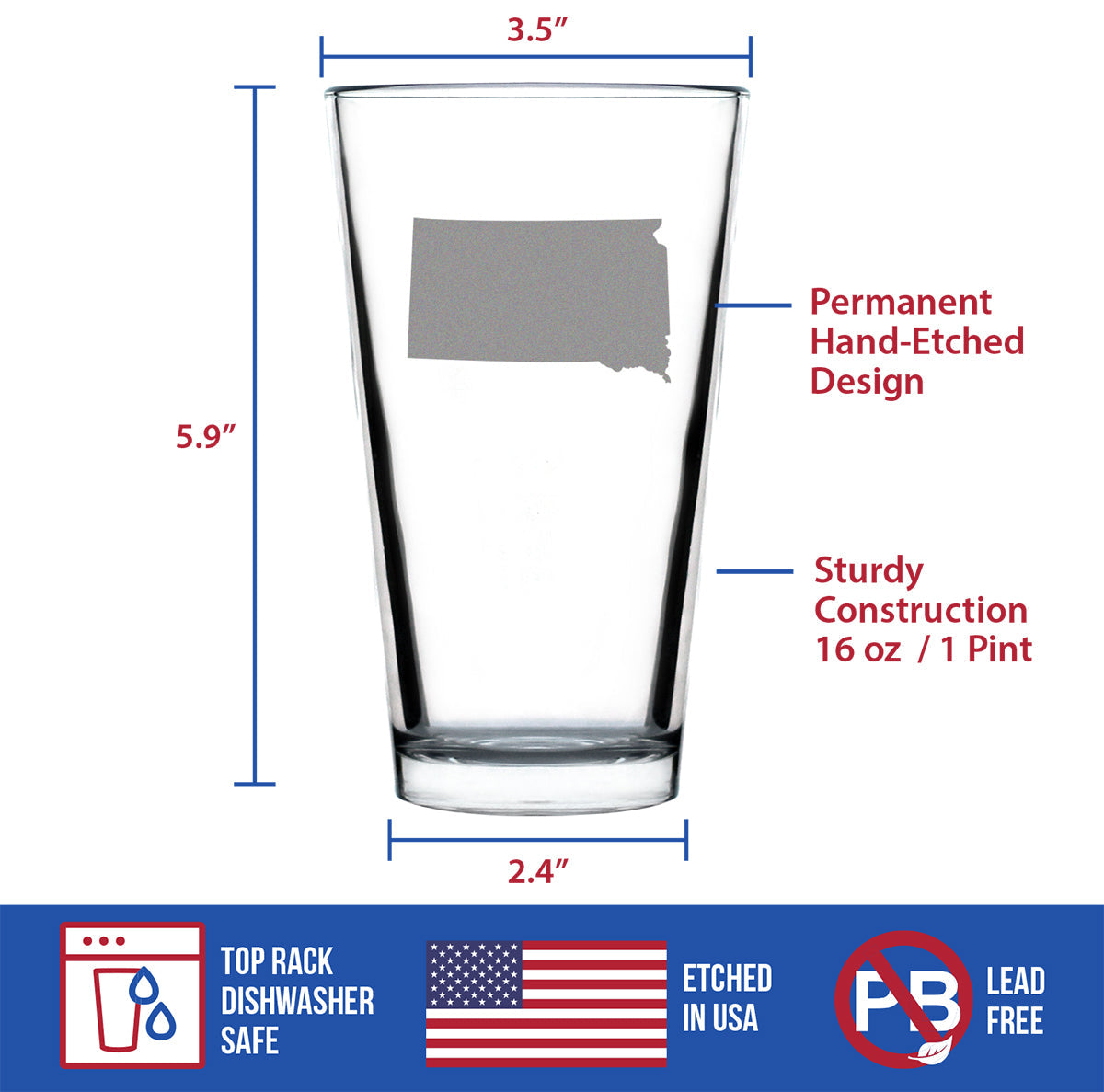 South Dakota State Outline Pint Glass for Beer - State Themed Drinking Decor and Gifts for South Dakotan Women & Men - 16 Oz Glasses