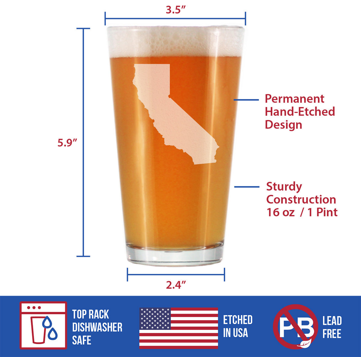 California State Outline Pint Glass for Beer - State Themed Drinking Decor and Gifts for Californian Women & Men - 16 Oz Glasses