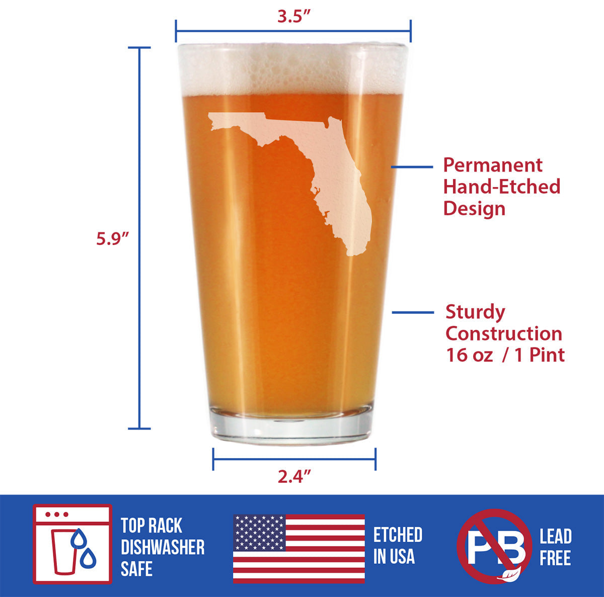 Florida State Outline Pint Glass for Beer - State Themed Drinking Decor and Gifts for Floridian Women & Men - 16 Oz Glasses