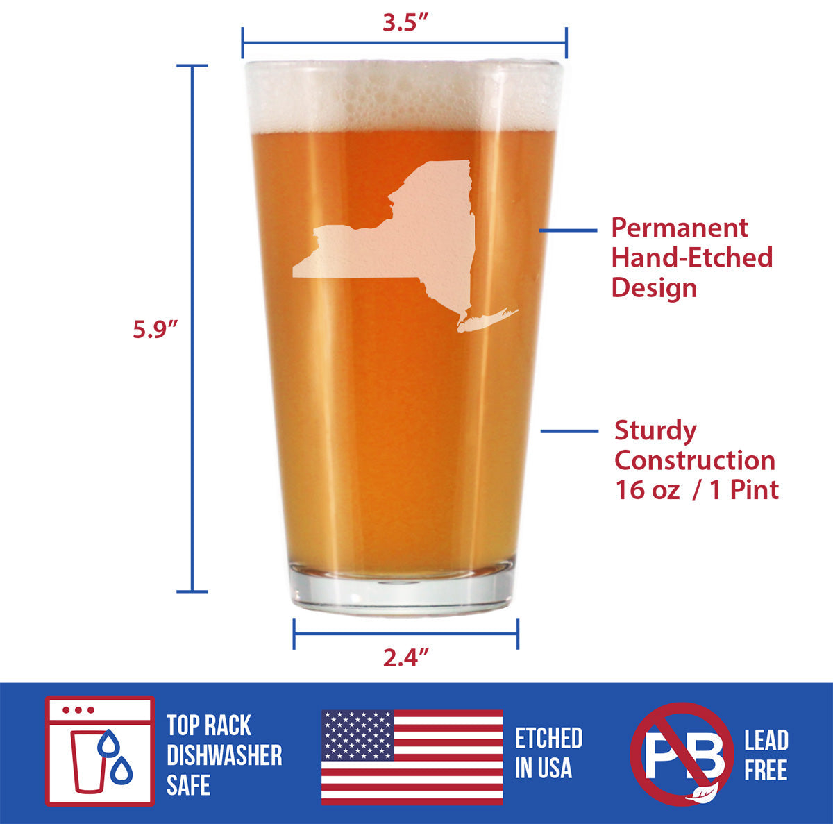 New York State Outline Pint Glass for Beer - State Themed Drinking Decor and Gifts for New Yorker Women & Men - 16 Oz Glasses