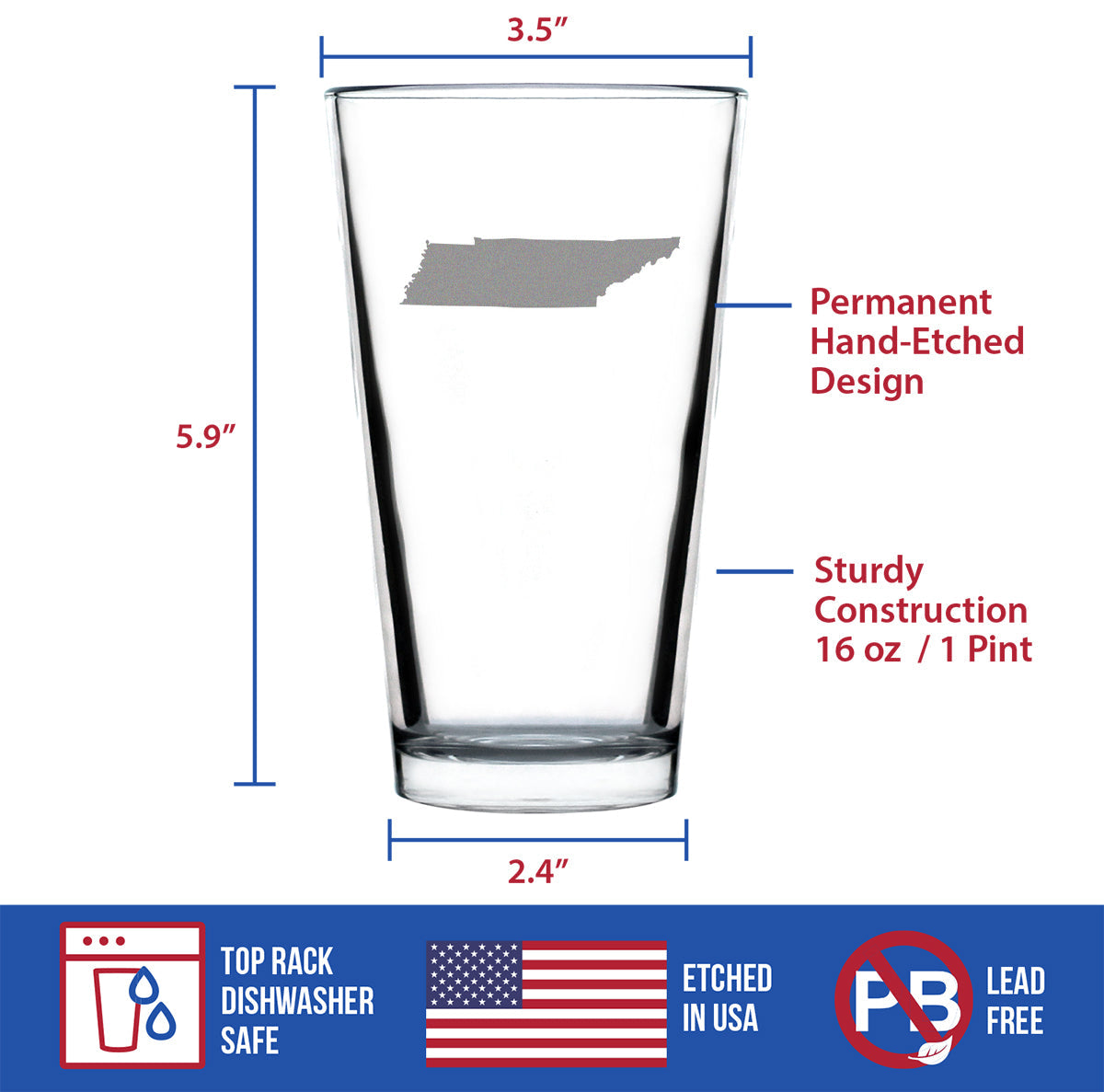 Tennessee State Outline Pint Glass for Beer - State Themed Drinking Decor and Gifts for Tennessean Women & Men - 16 Oz Glasses