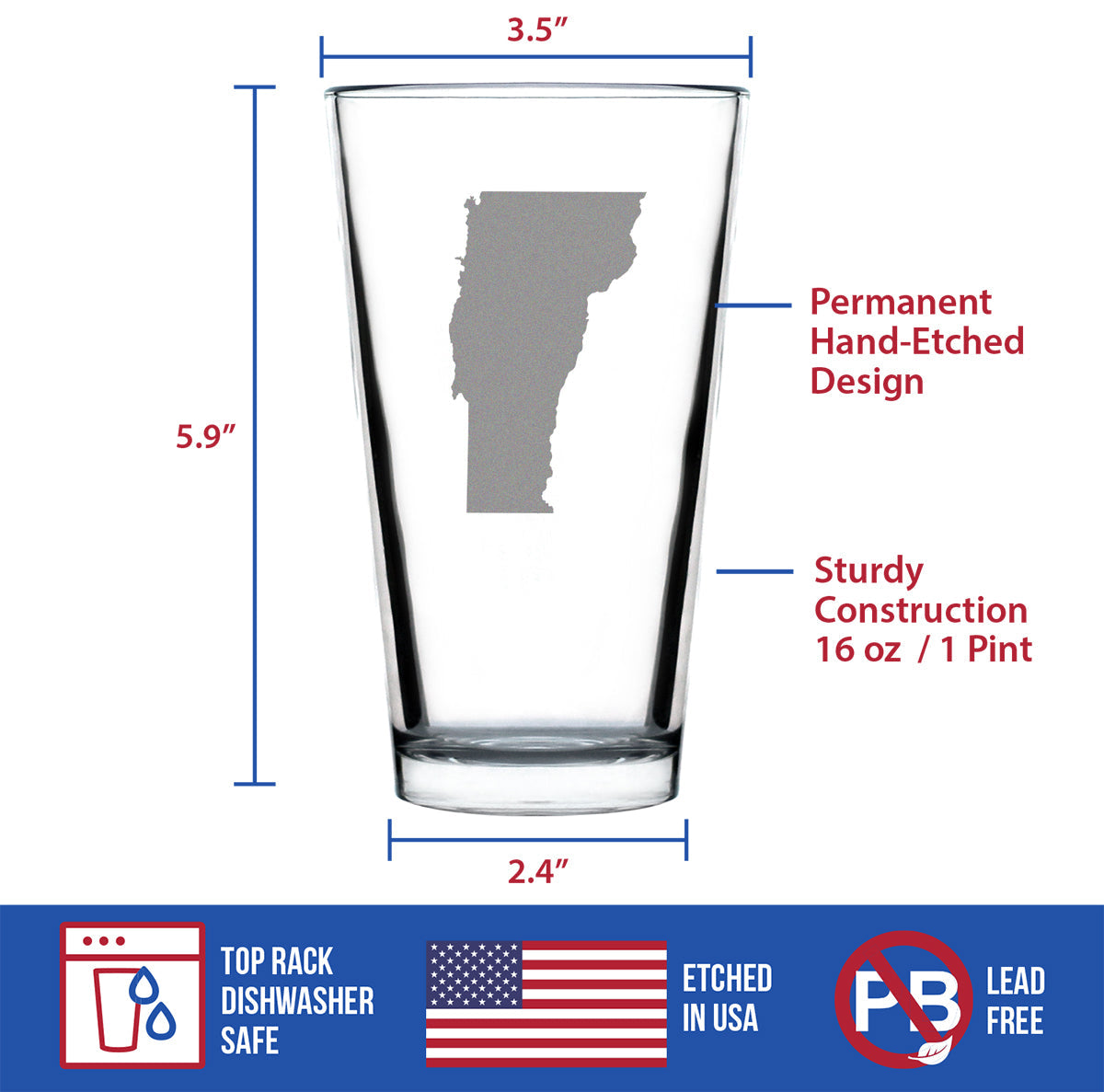 Vermont State Outline Pint Glass for Beer - State Themed Drinking Decor and Gifts for Vermonter Women & Men - 16 Oz Glasses