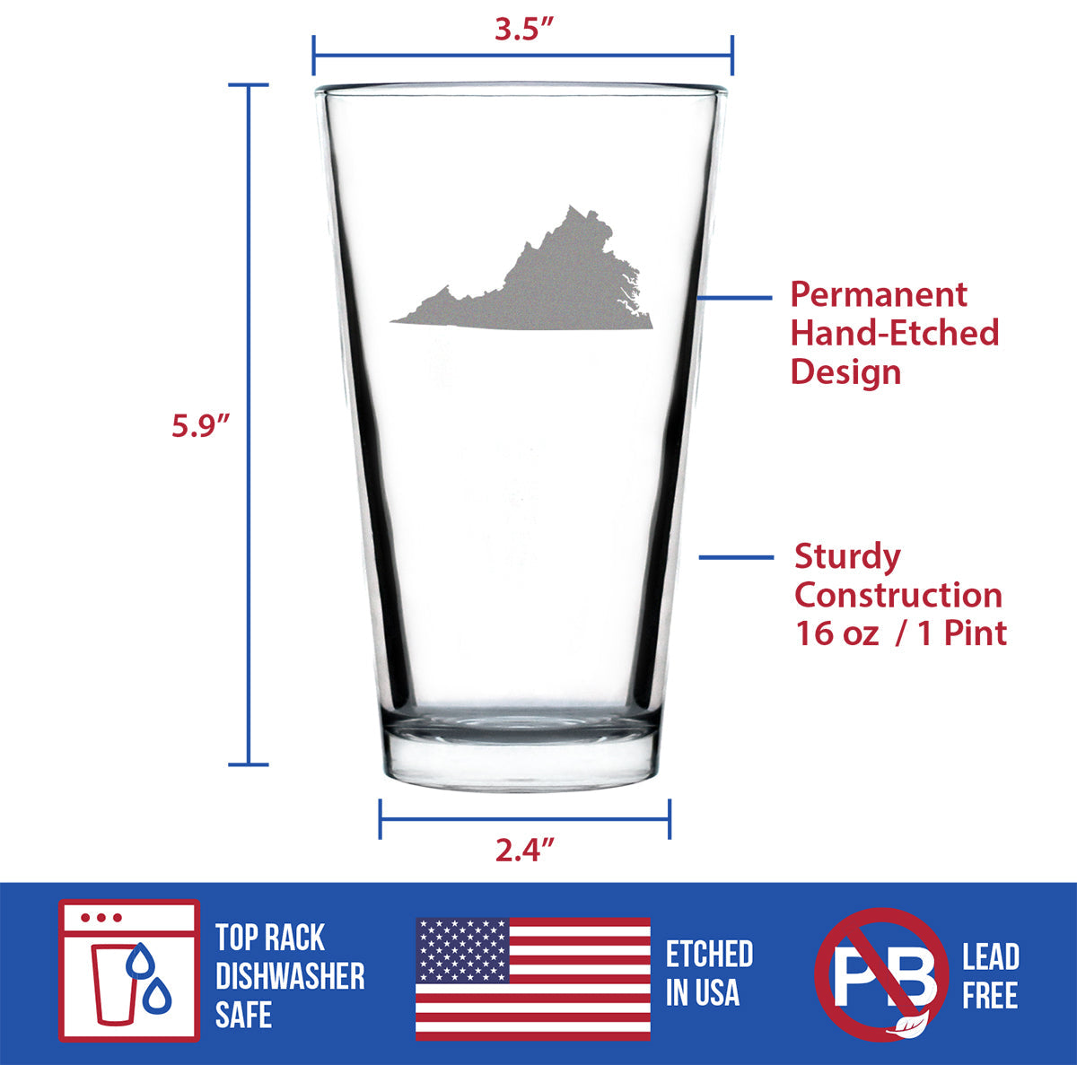 Virginia State Outline Pint Glass for Beer - State Themed Drinking Decor and Gifts for Virginian Women & Men - 16 Oz Glasses