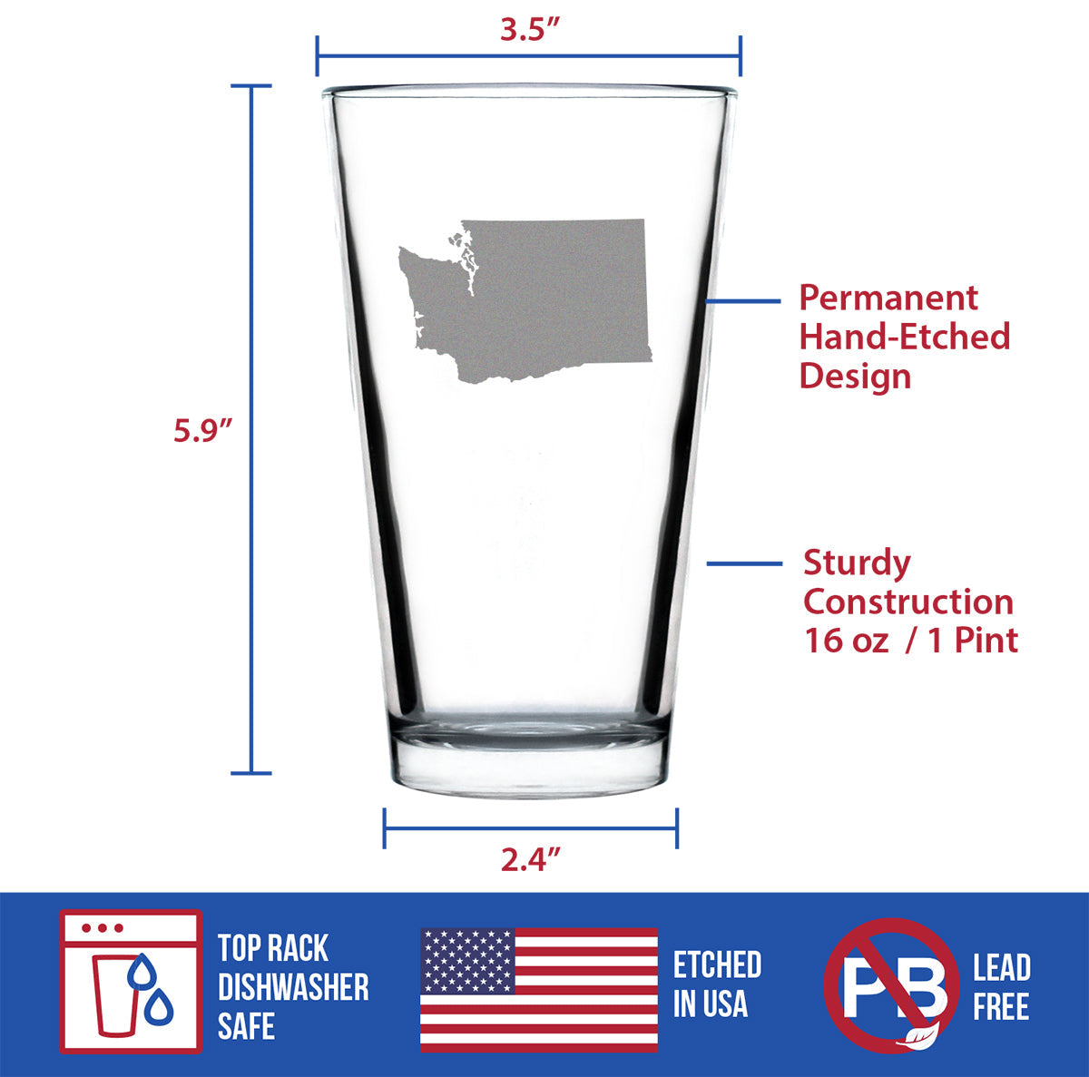 Washington State Outline Pint Glass for Beer - State Themed Drinking Decor and Gifts for Washingtonian Women & Men - 16 Oz Glasses
