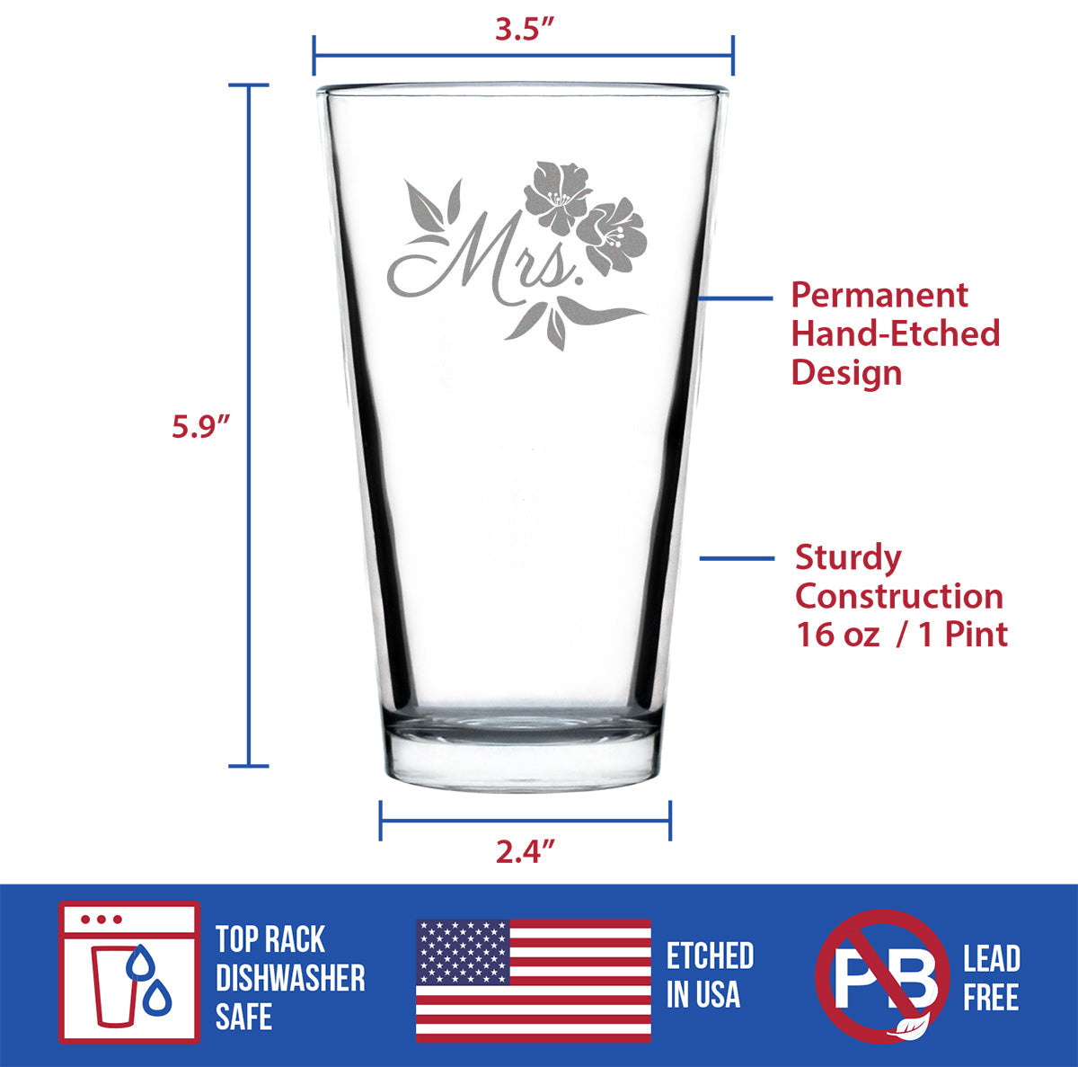 Mrs. Pint Glass - Unique Wedding Gift for Bride - Cute Engraved Wedding Cup Gift