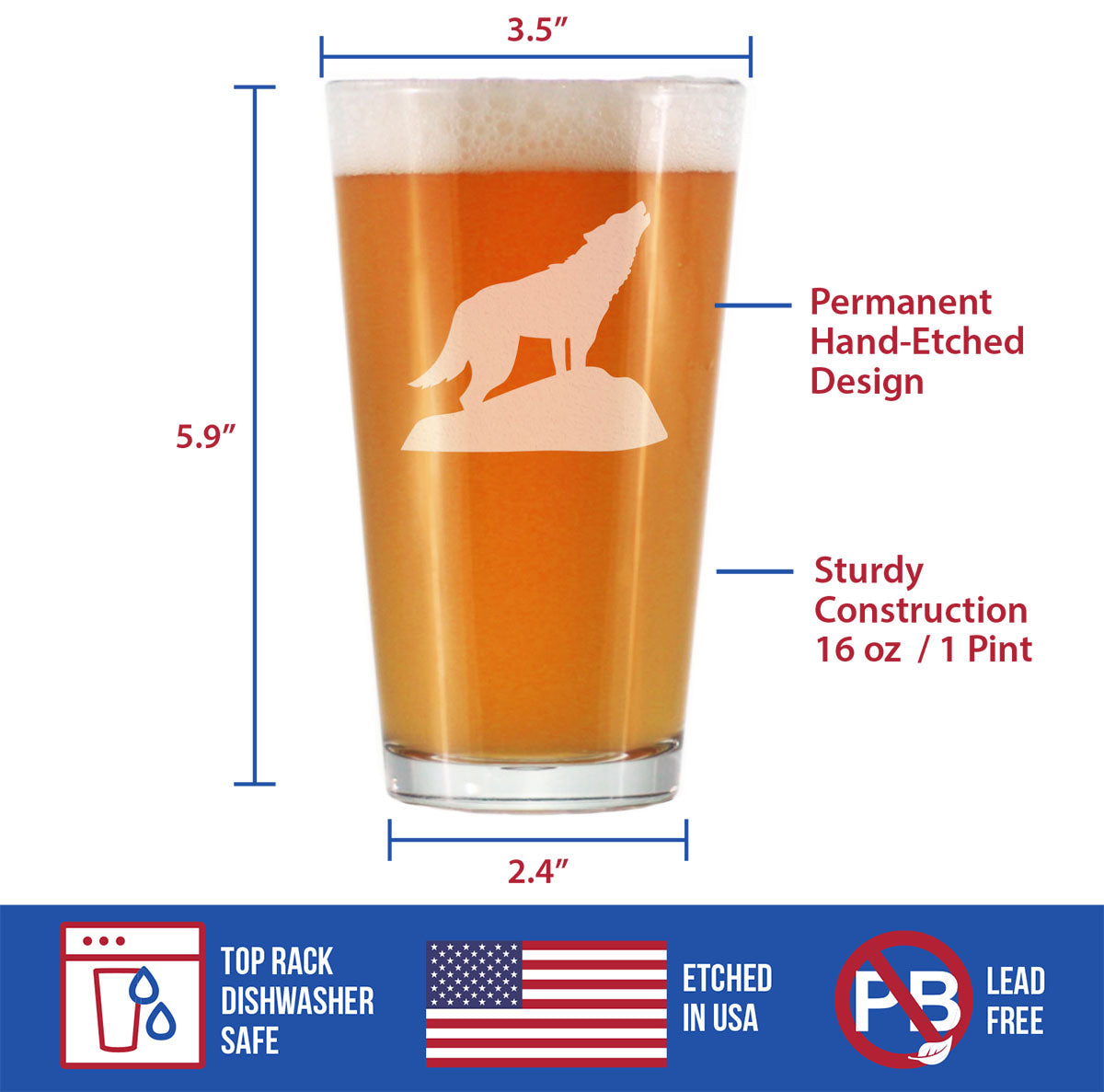 Wolf Pint Glass for Beer - Cabin Themed Gifts or Rustic Decor for Men and Women - Fun Drinking or Party Glasses - 16 oz