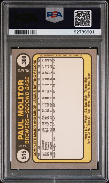 Graded 1981 Fleer Paul Molitor #515 Baseball Card PSA 8 NM-MT