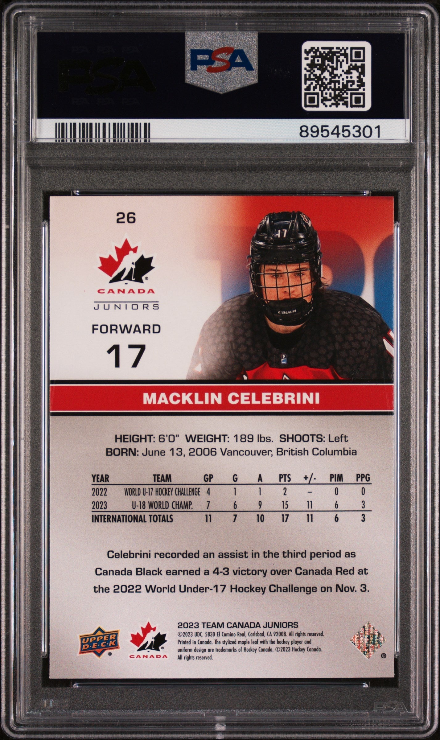 Graded 2023 Upper Deck Team Canada Juniors Macklin Celebrini #26 Rookie RC Hockey Card PSA 10 Gem Mint