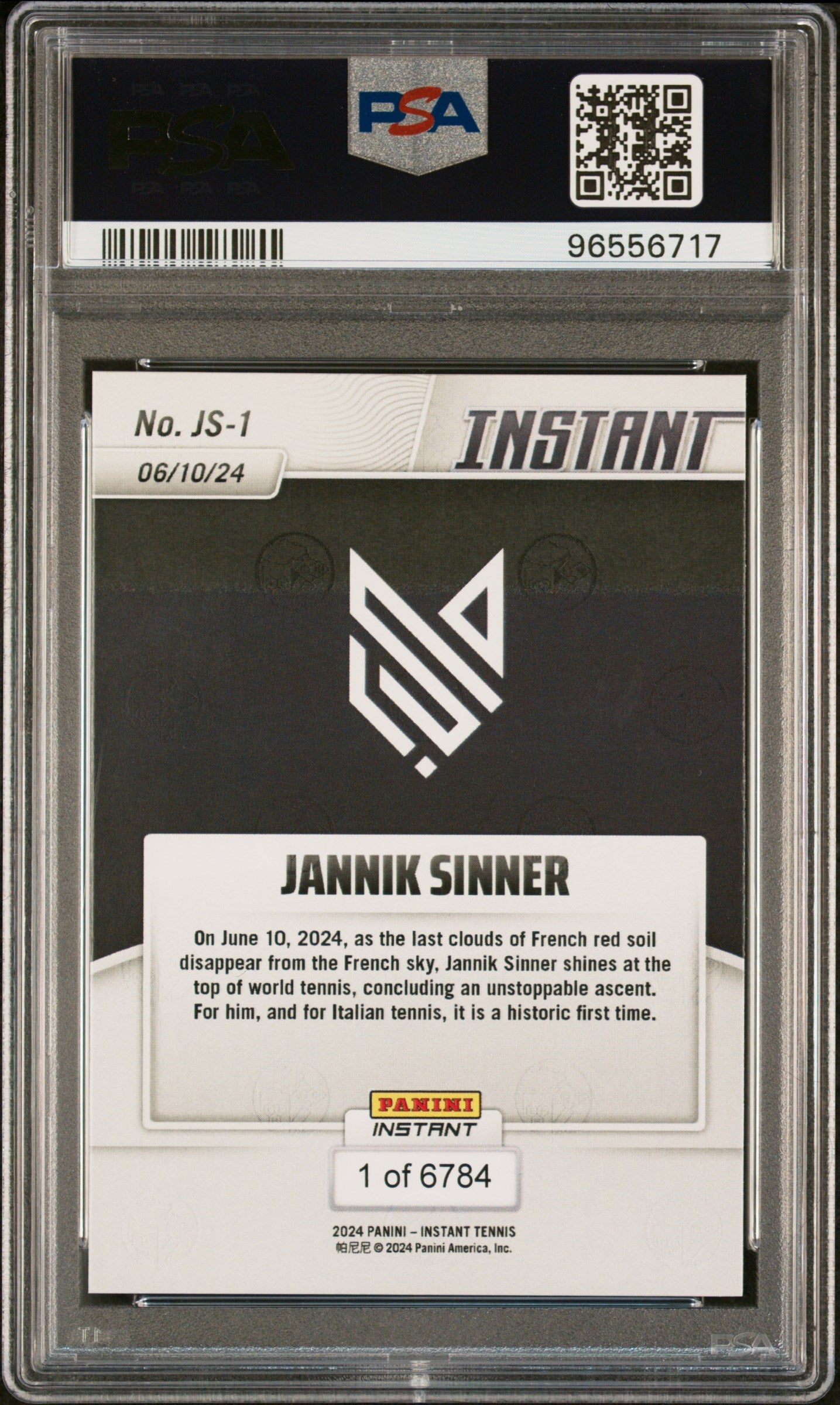 Graded 2024 Panini Instant Jannik Sinner #JS1 New World #1 Rookie RC Tennis Card PSA 8 Near Mint