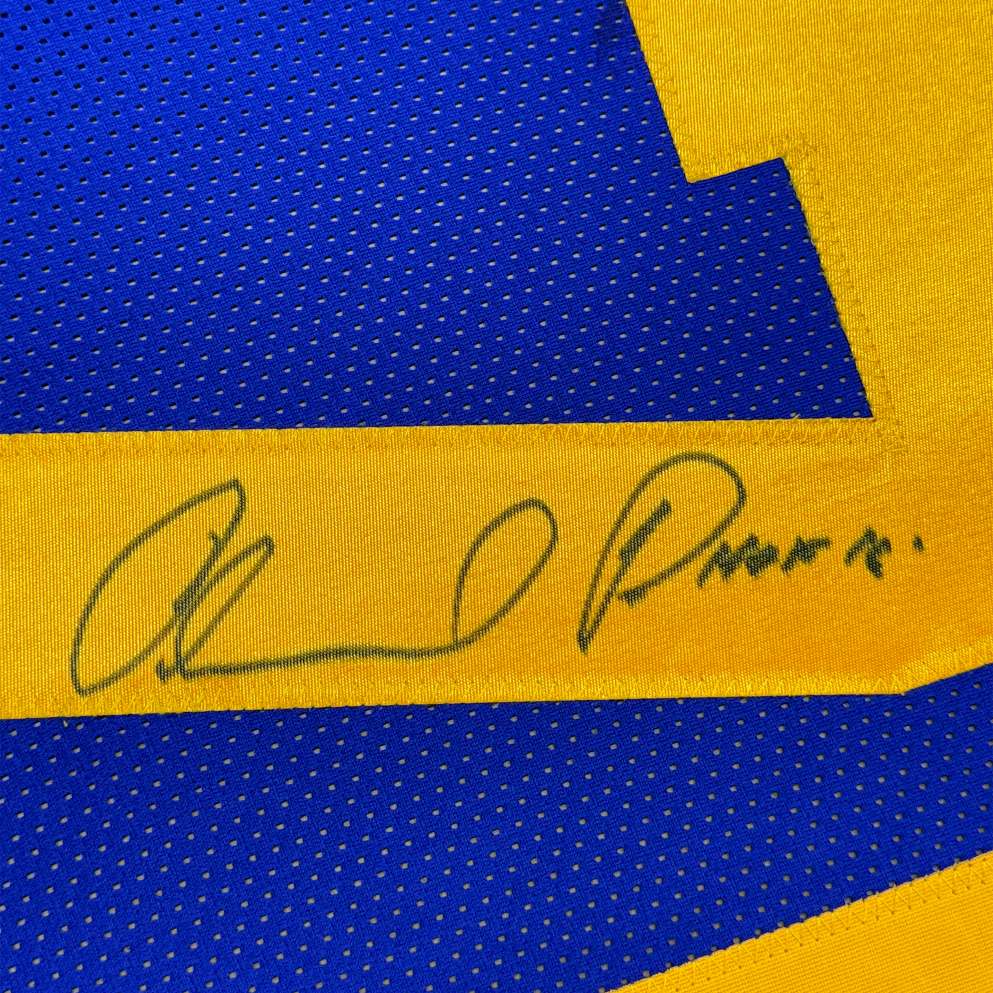 Framed Autographed/Signed Orlando Pace HOF 16 35x39 Los Angeles LA Blue Football Jersey JSA COA