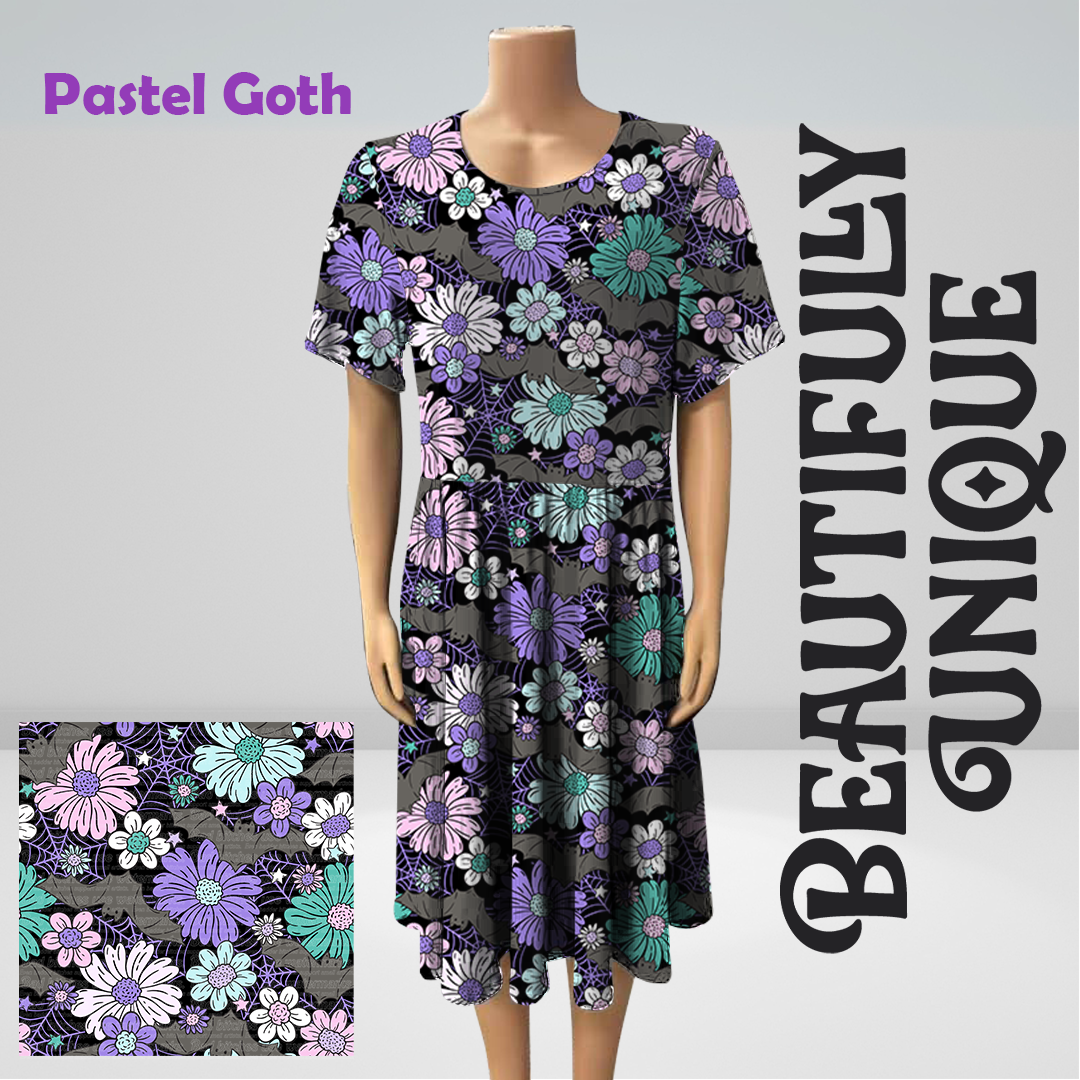 CANCELLED Pastel Goth Fit-and-Flare Short Midi Dress with Pockets - High-quality Handcrafted Vibrant Dresses
