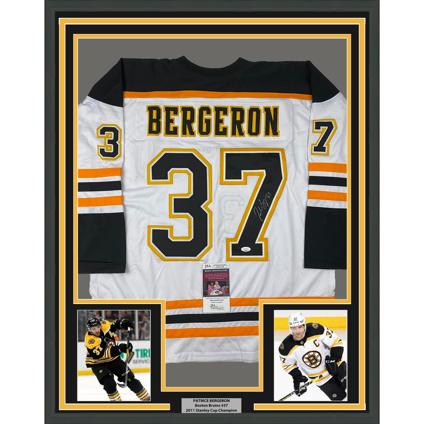Framed Autographed/Signed Patrice Bergeron 35x39 Boston White Hockey Jersey JSA COA