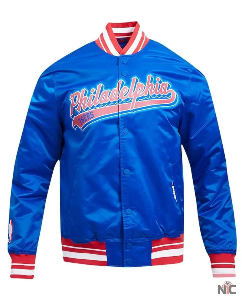 Philadelphia 76ers Script Tail Royal Satin Jacket