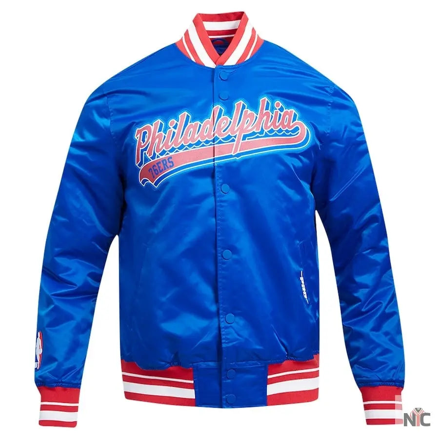 Philadelphia 76ers Script Tail Royal Satin Varsity Jacket