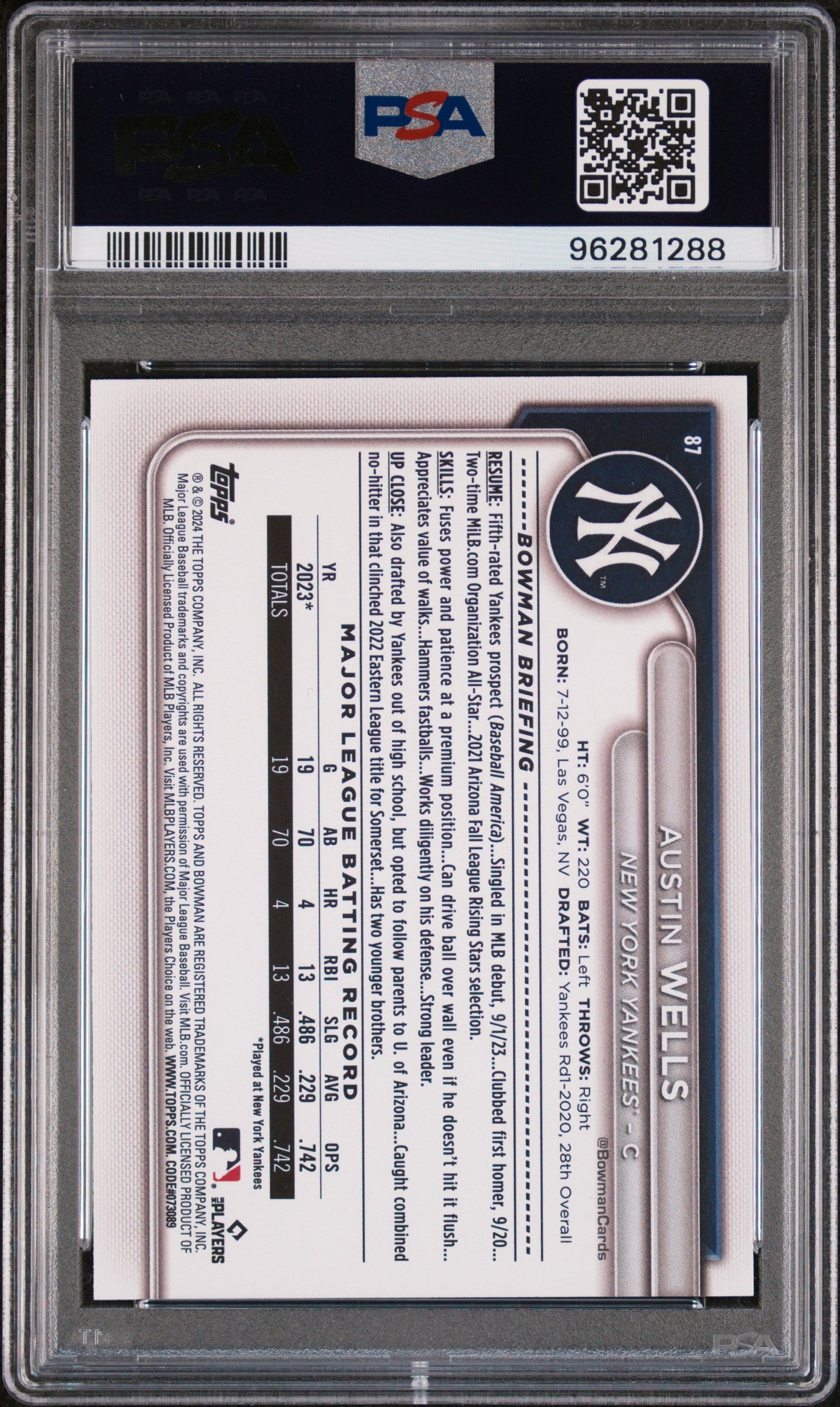 Graded 2024 Topps Bowman Austin Wells #87 Sky Blue #/499 Rookie RC Baseball Card PSA 10 Gem Mint