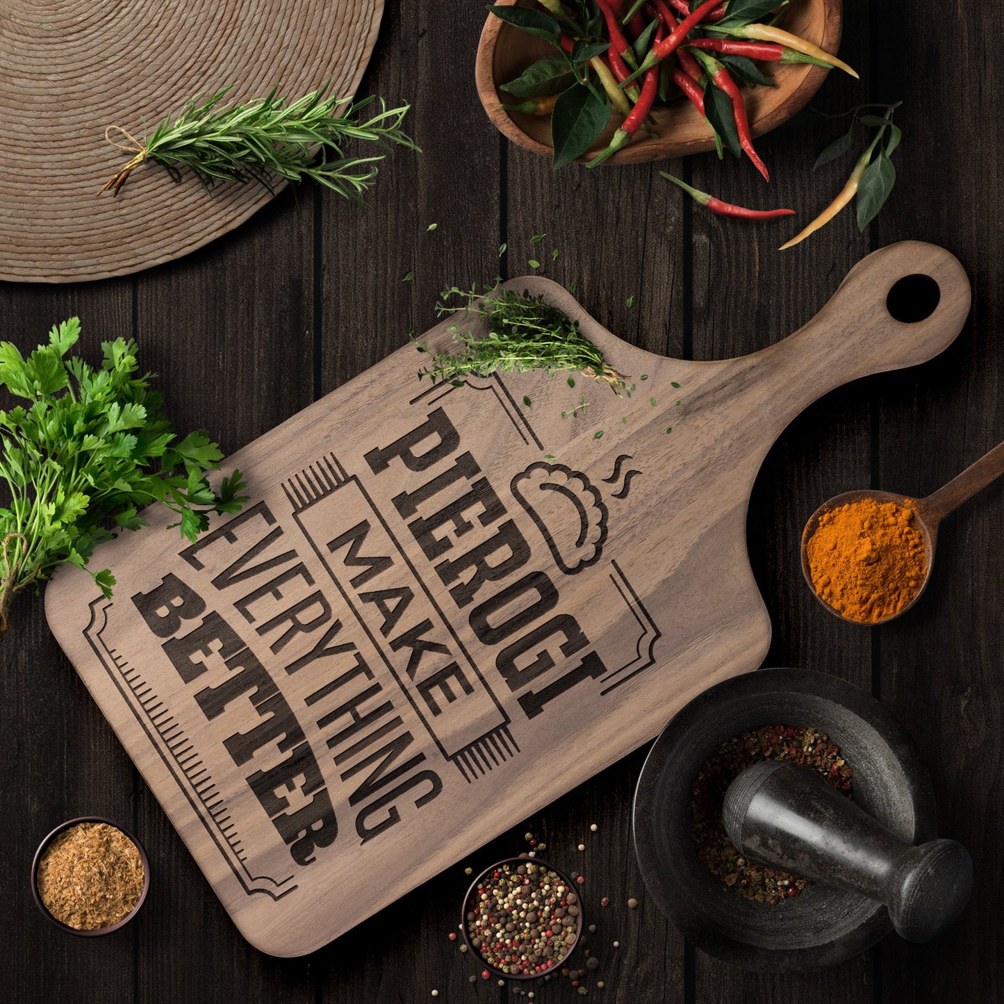 Pierogi Make Everything Better Hardwood Paddle Cutting Board