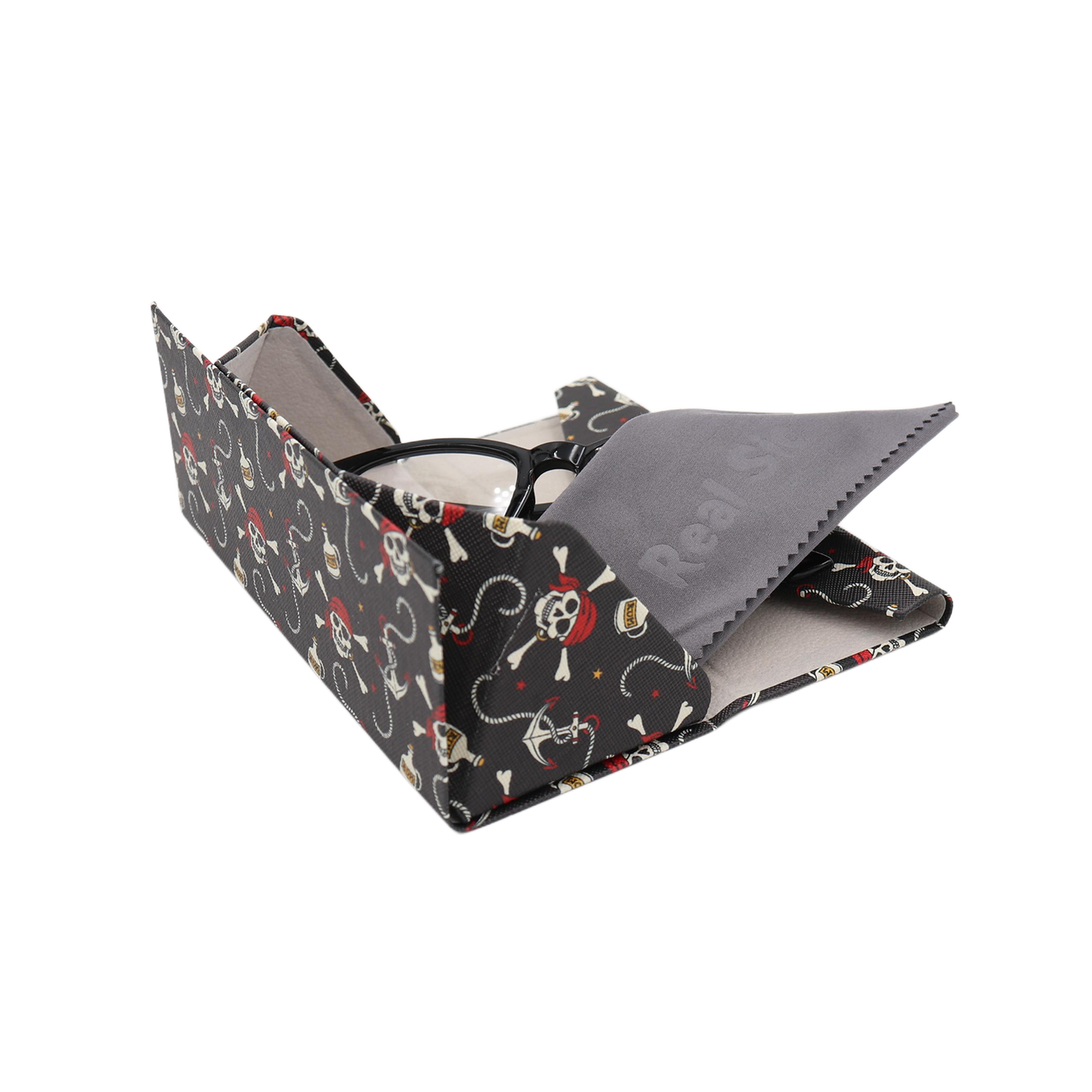 Pirate Skully / Jolly Roger Print Glasses Case - Vegan Leather Magic Folding Hard Case
