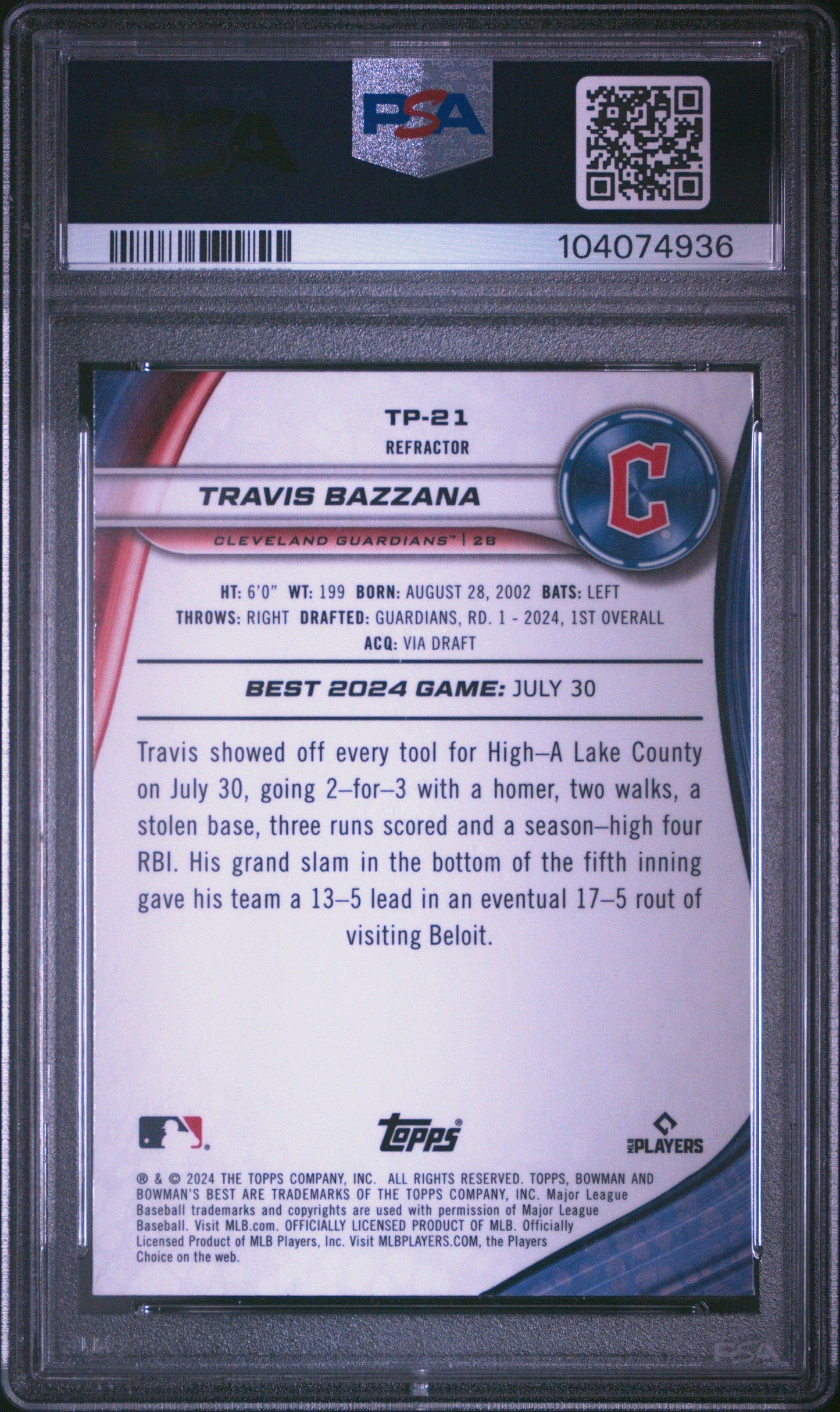 Graded 2024 Topps Bowmans Best Travis Bazzana #TP21 Top Prospects Refractor Rookie RC Baseball Card PSA 10 Gem Mint