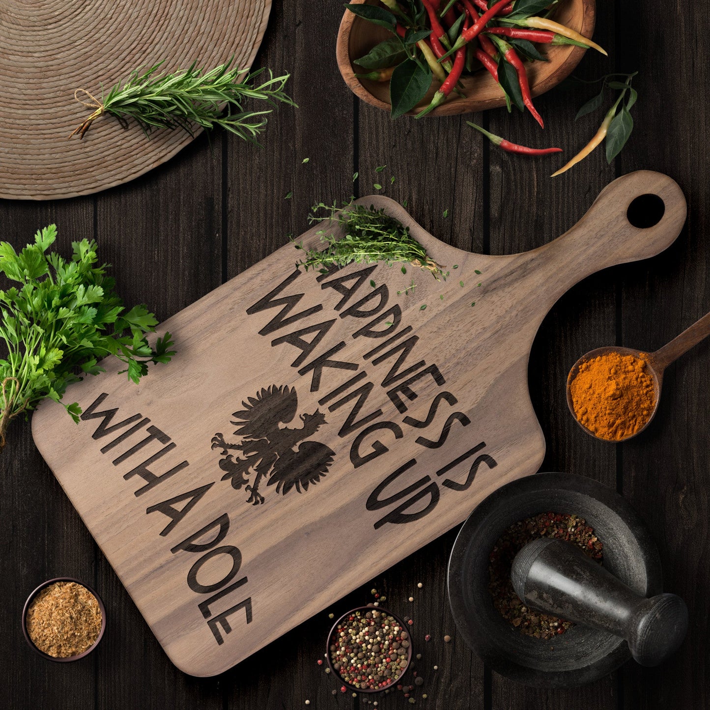 Polish Happiness Hardwood Paddle Cutting Board