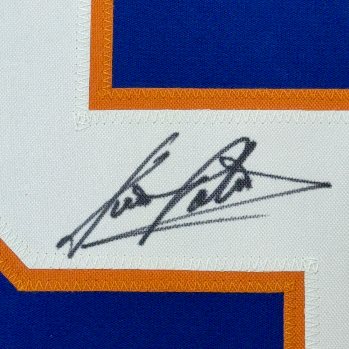 Framed Autographed/Signed Denis Potvin 35x39 New York Blue Hockey Jersey JSA COA