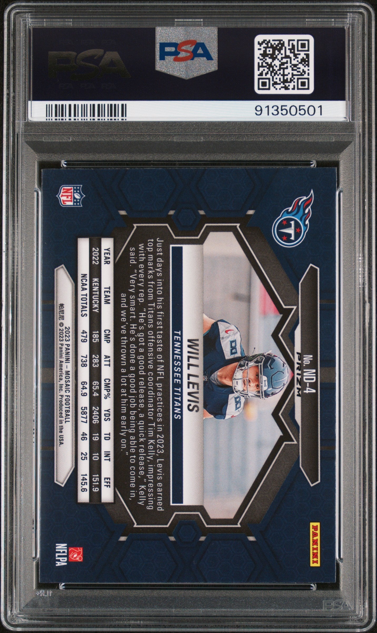Graded 2023 Panini Mosaic Will Levis #ND4 NFL Debut Reactive Blue Rookie RC Football Card PSA 10 Gem Mint