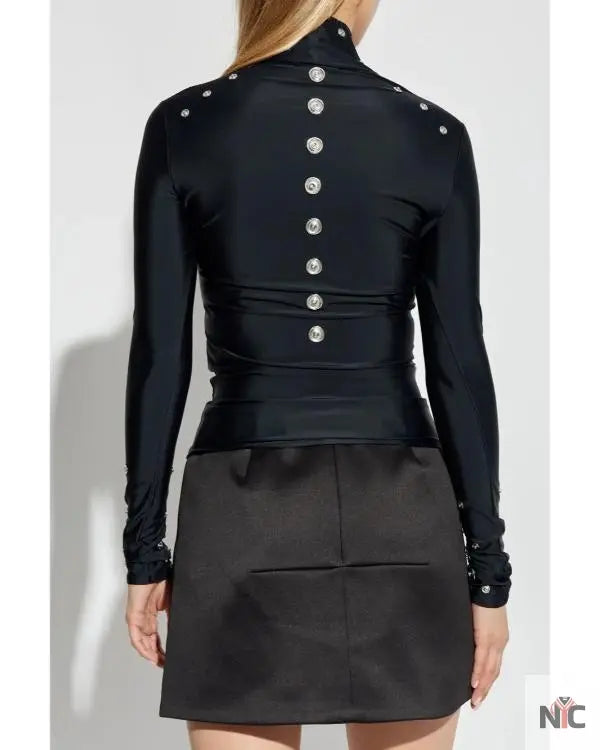 Press Junket 2025 Nicole Wallace Eyelet-Detailing Black Blouse