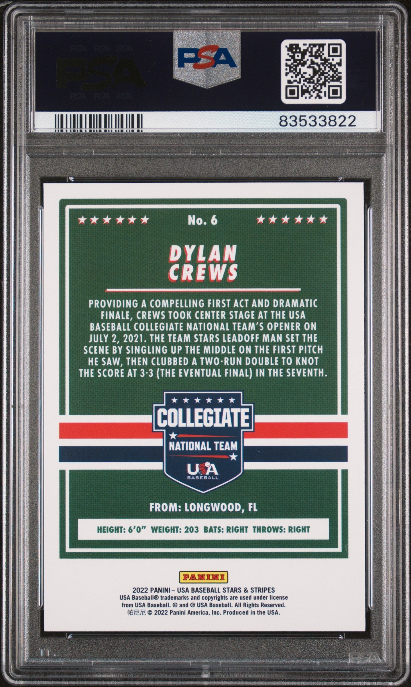 Graded 2021 Panini Stars & Stripes USA Dylan Crews #6 Longevity Base Rookie RC Baseball Card PSA 10 Gem Mint