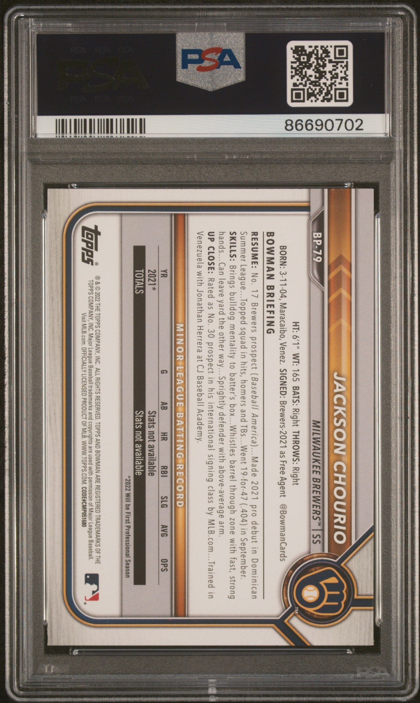 Graded 2022 Topps Bowman Jackson Chourio #BP79 Paper Prospects Rookie RC Baseball Card PSA 10 Gem Mint