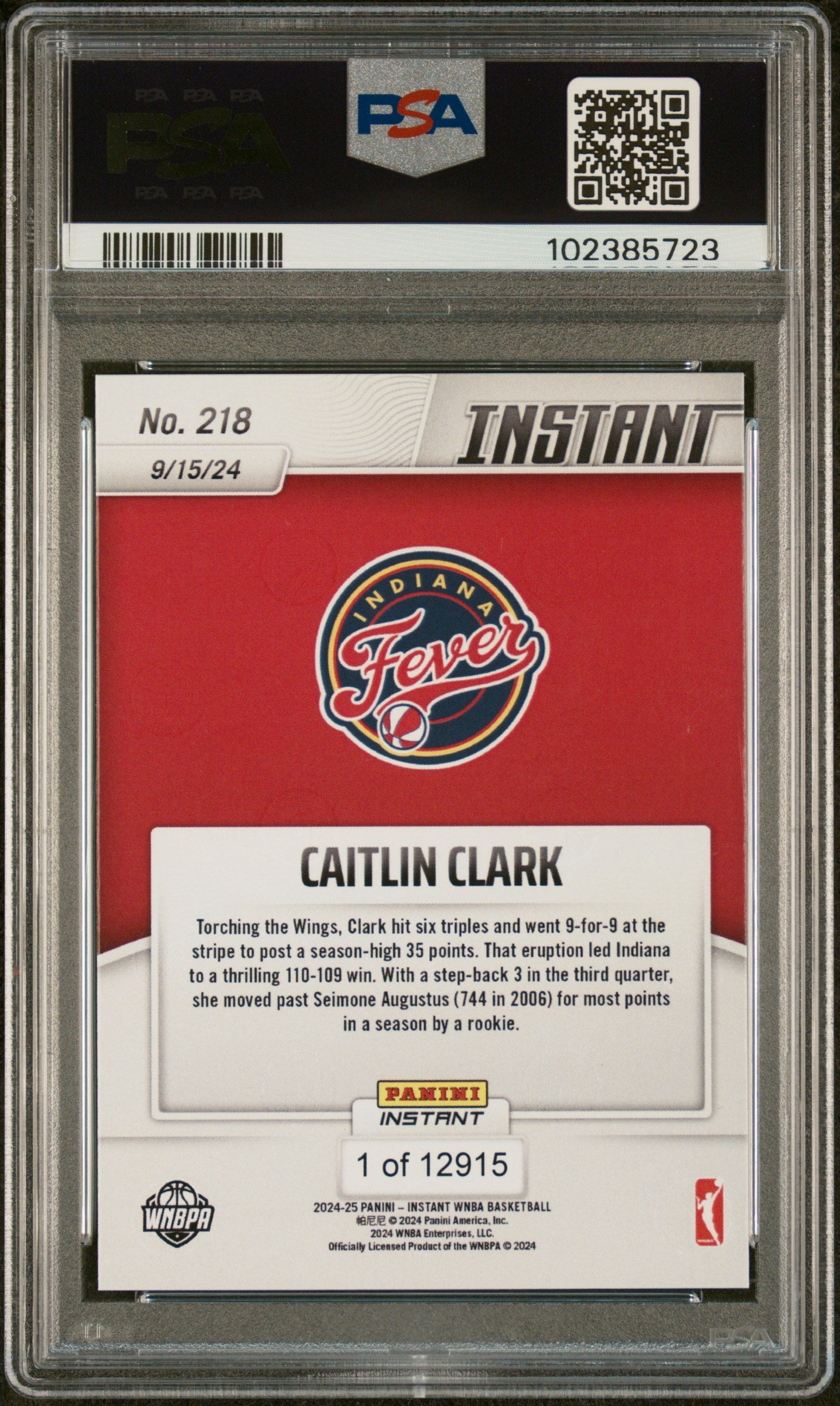 Graded 2024 Panini Instant WNBA Caitlin Clark #218 Rookie RC Basketball Card PSA 9 Mint
