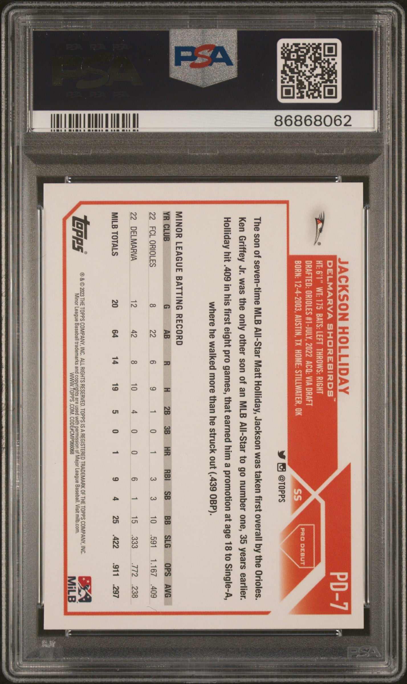 Graded 2023 Topps Pro Debut Jackson Holliday #PD7 Rookie RC Baseball Card PSA 10 Gem Mint
