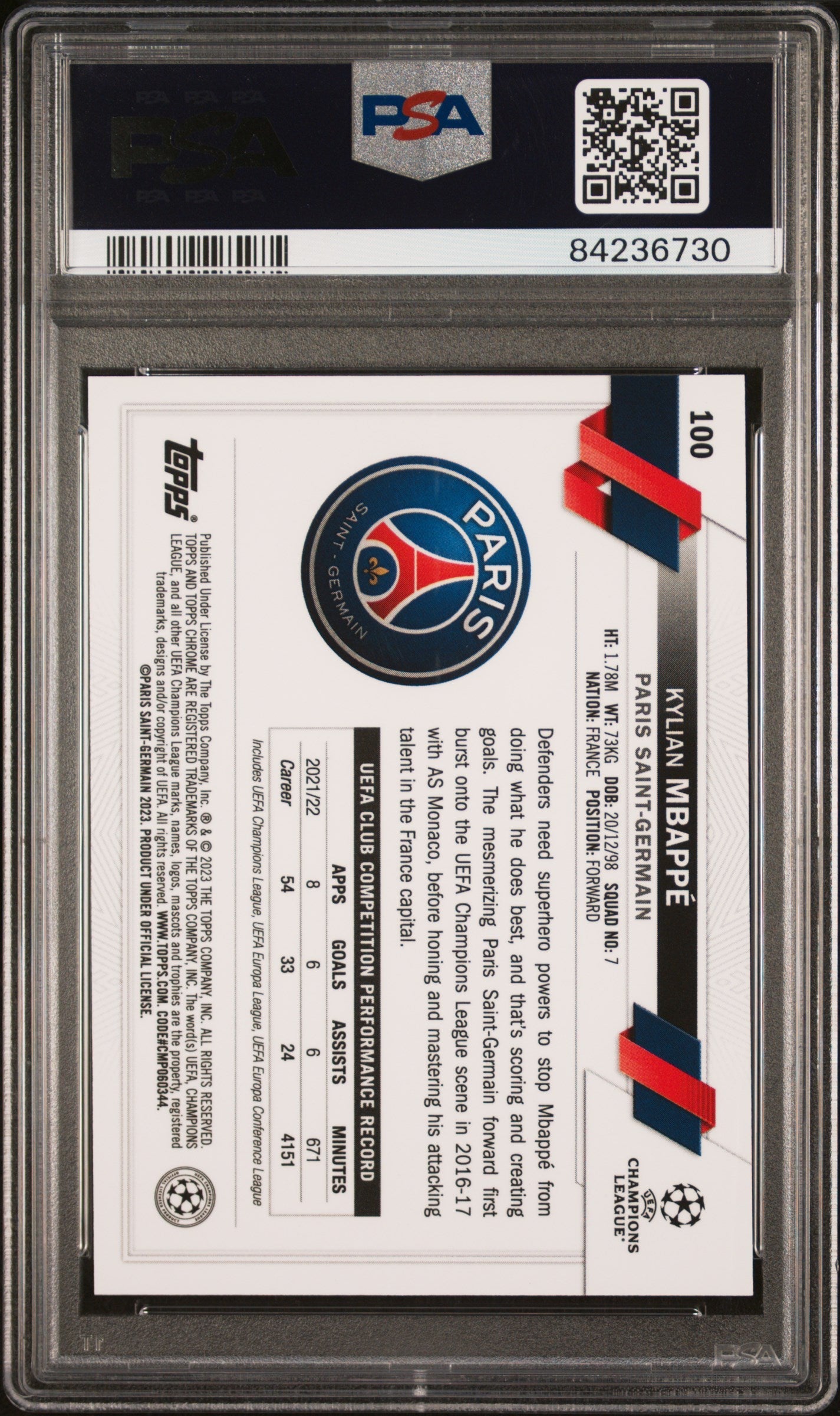 Graded 2022 Topps Chrome Sapphire UCC Kylian Mbappe #100 SP Soccer Card PSA 10 Gem Mint